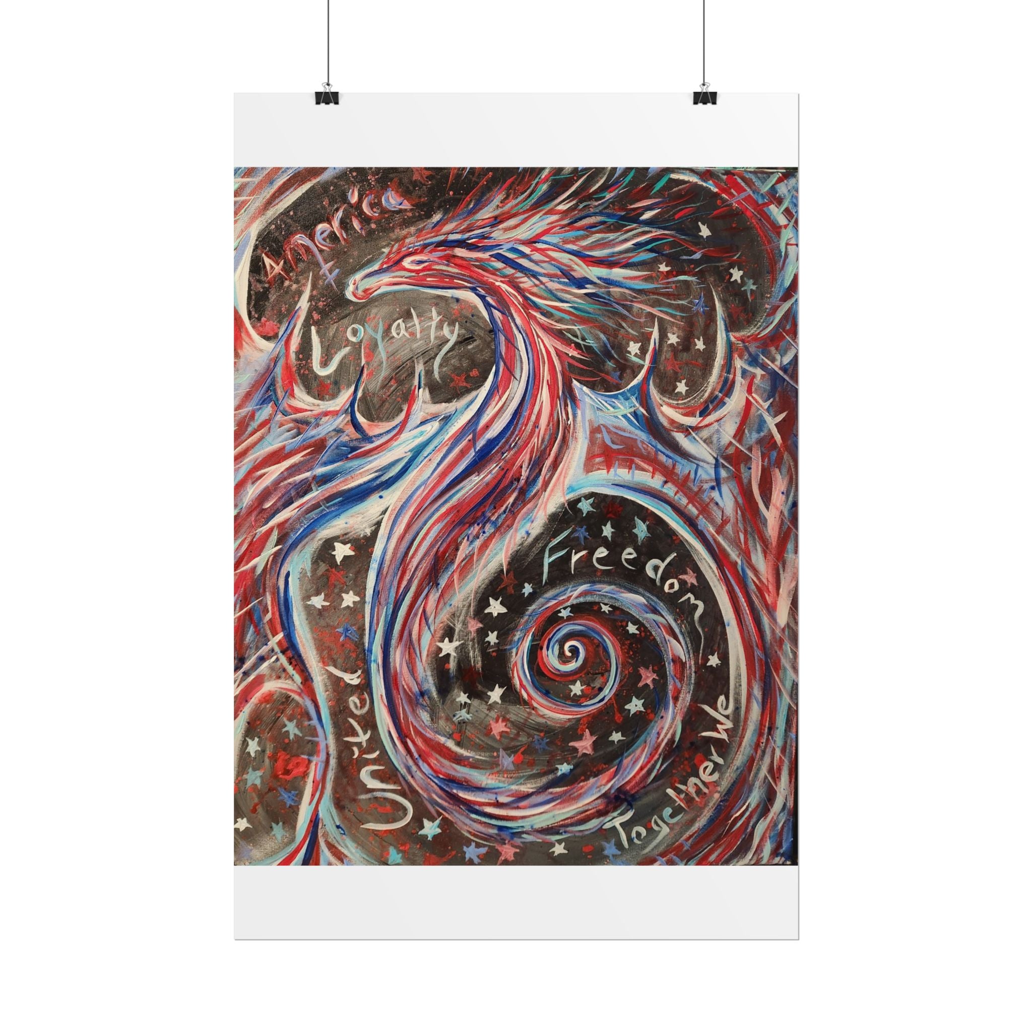 Rolled Poster — Patriotic Swirl Art Print: "Freedom, Unity, Loyalty" Red White Blue Decor