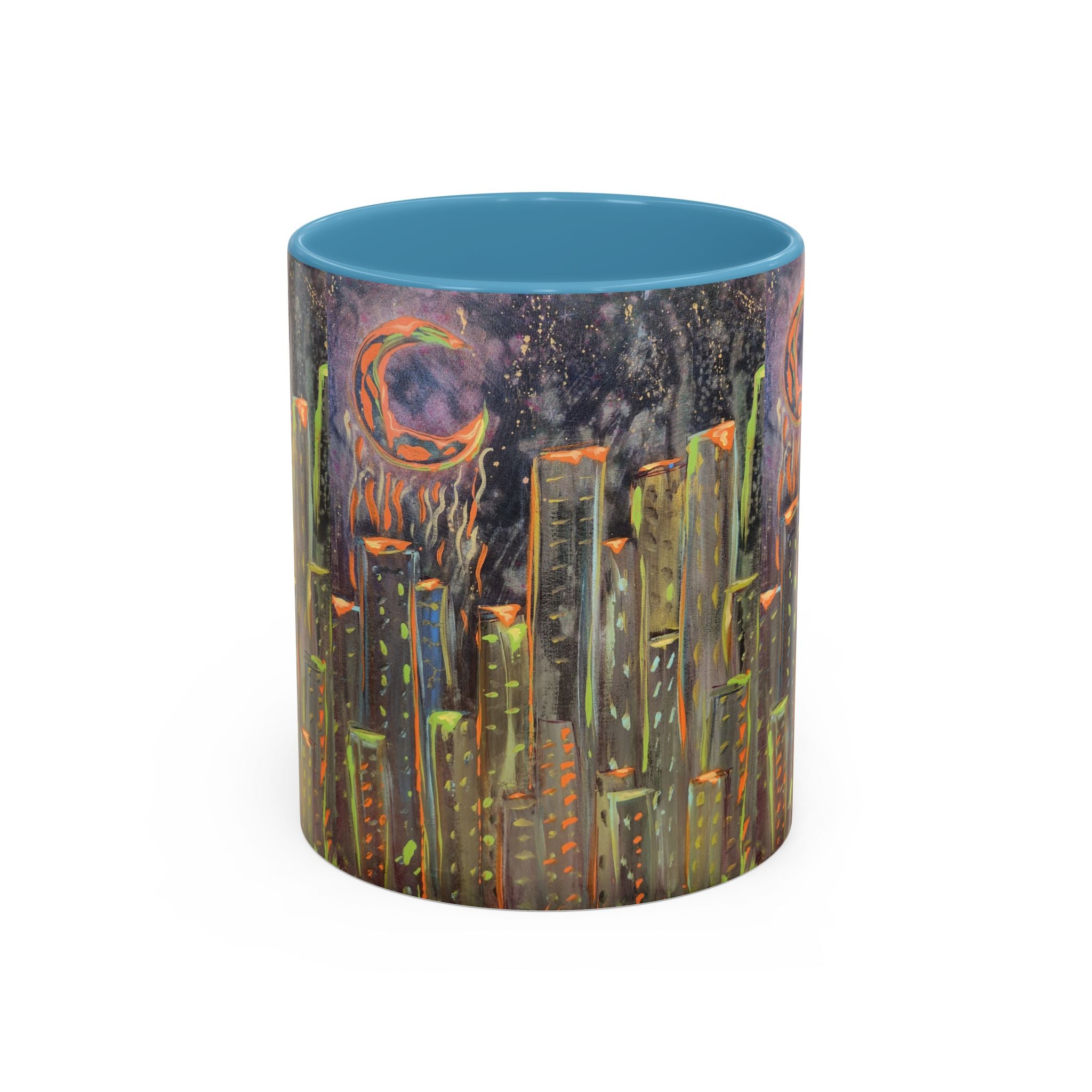 Cityscape Night Coffee Mug — Neon Skyline Art Accent Mug
