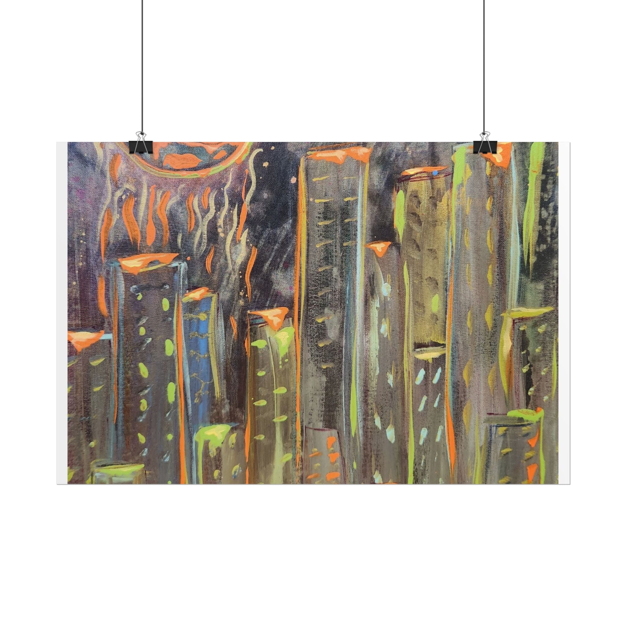 City Skyline Moon Poster — Neon Nightscape Rolled Art Print