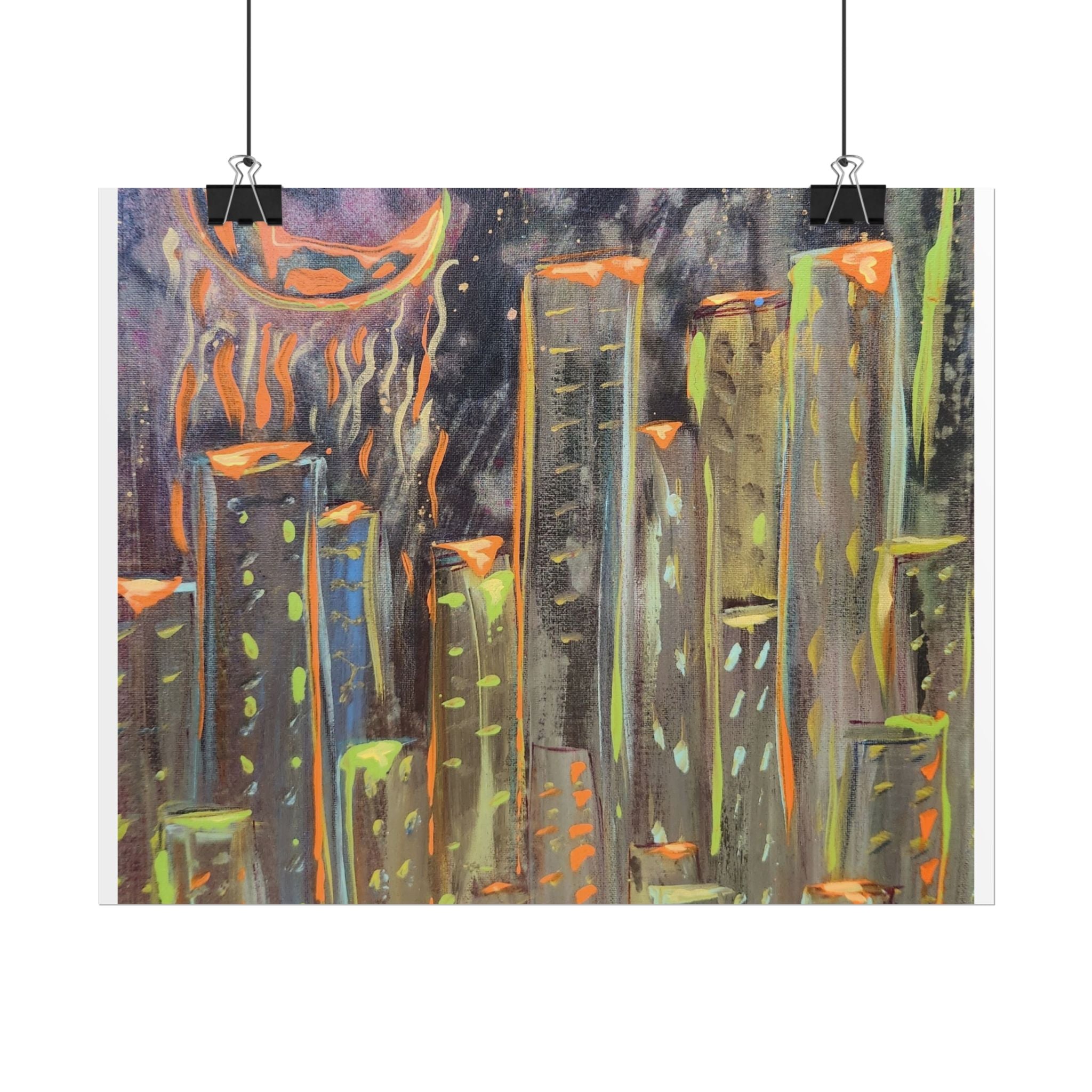 City Skyline Moon Poster — Neon Nightscape Rolled Art Print