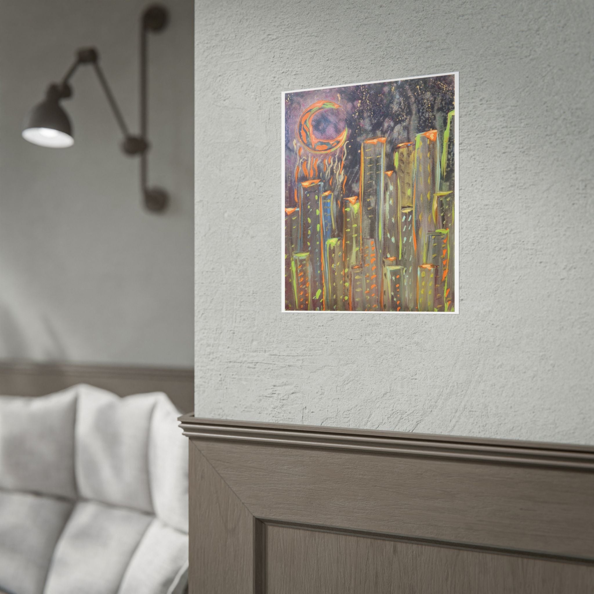 City Skyline Moon Poster — Neon Nightscape Rolled Art Print