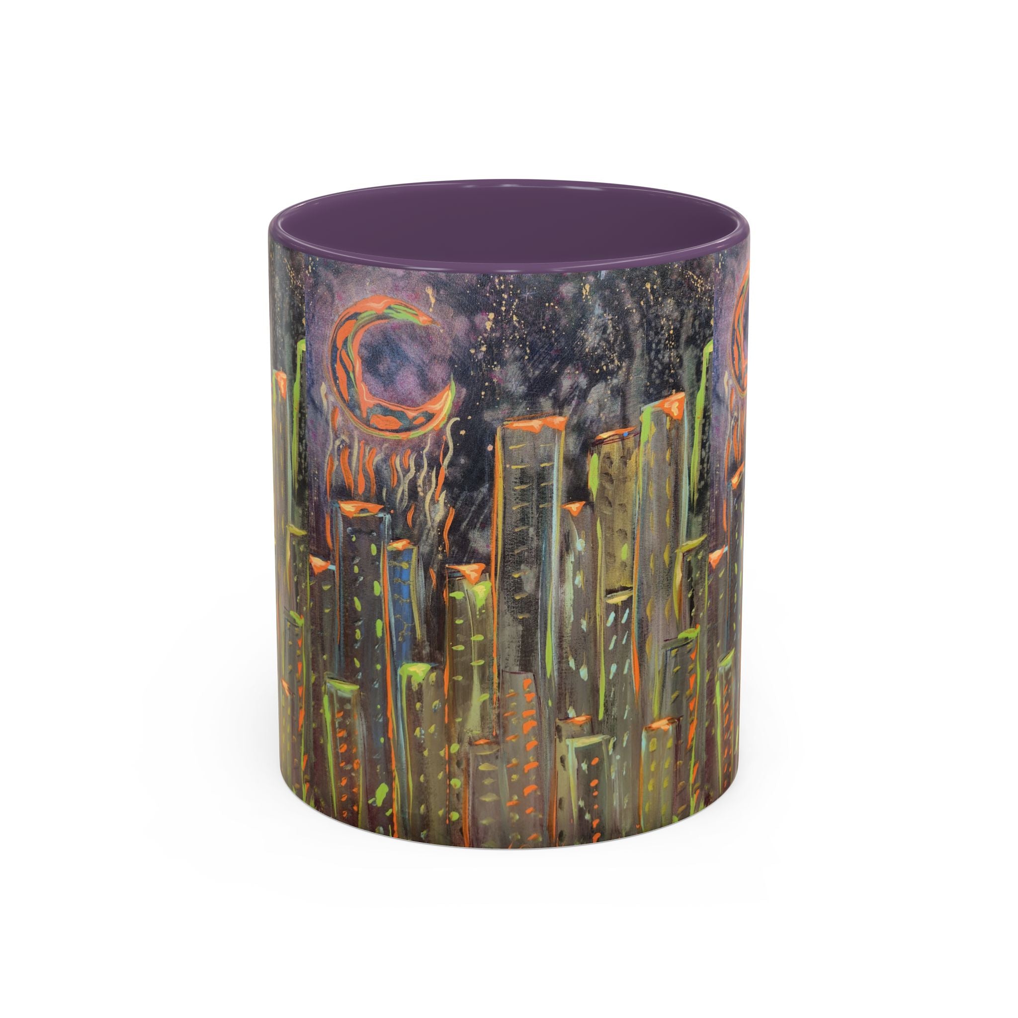 Cityscape Night Coffee Mug — Neon Skyline Art Accent Mug