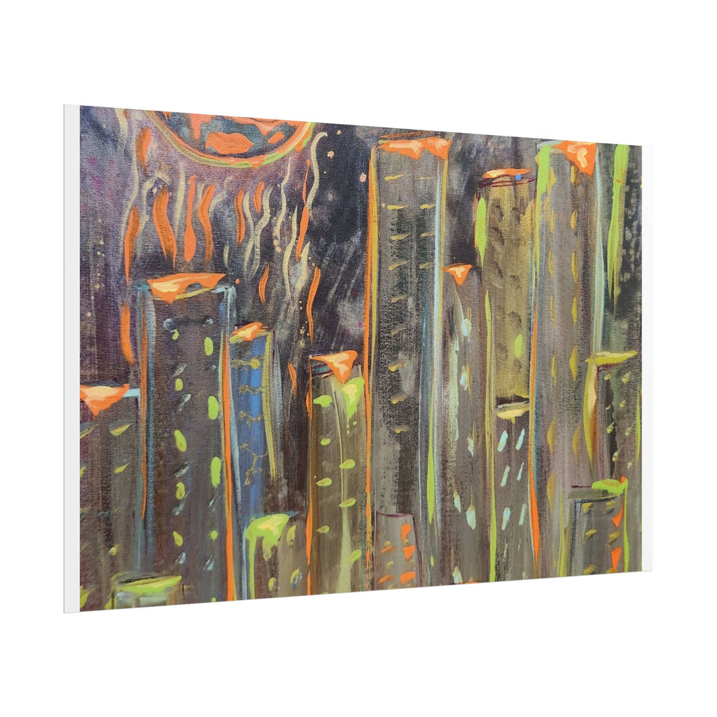 City Skyline Moon Poster — Neon Nightscape Rolled Art Print
