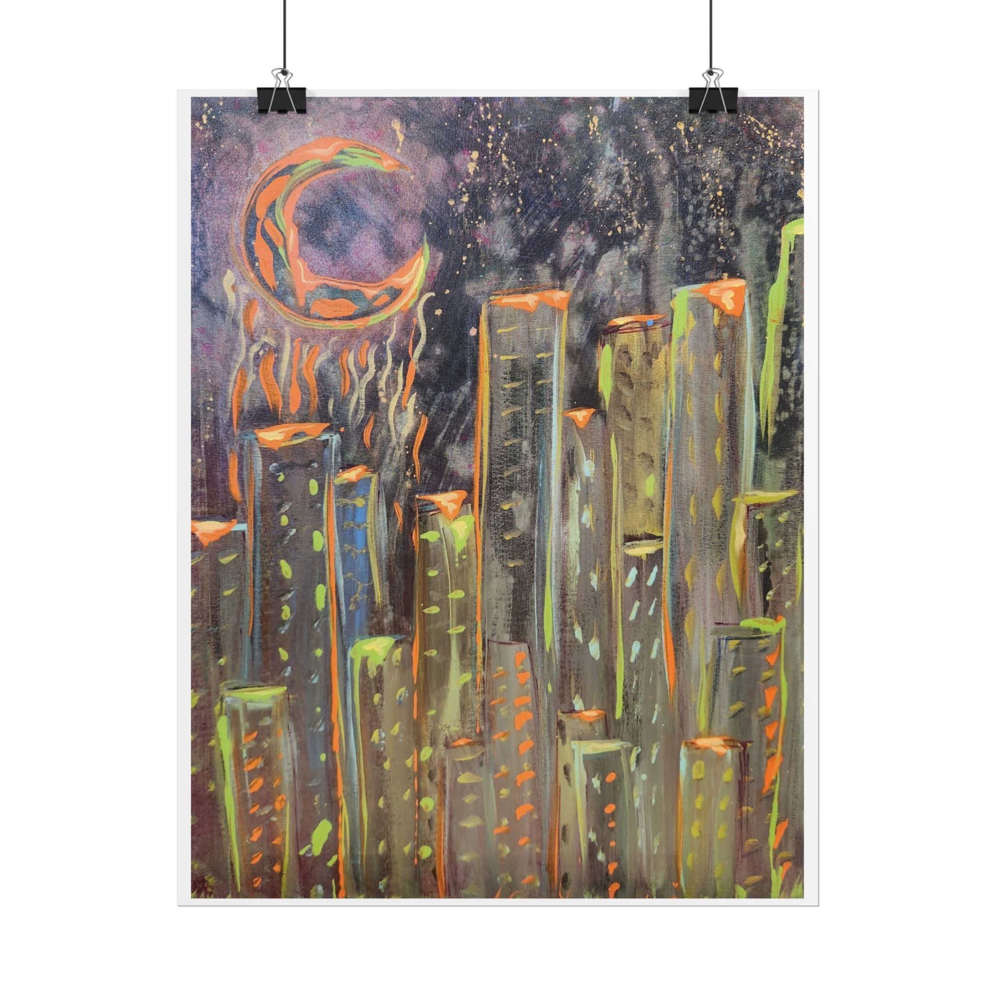 City Skyline Moon Poster — Neon Nightscape Rolled Art Print