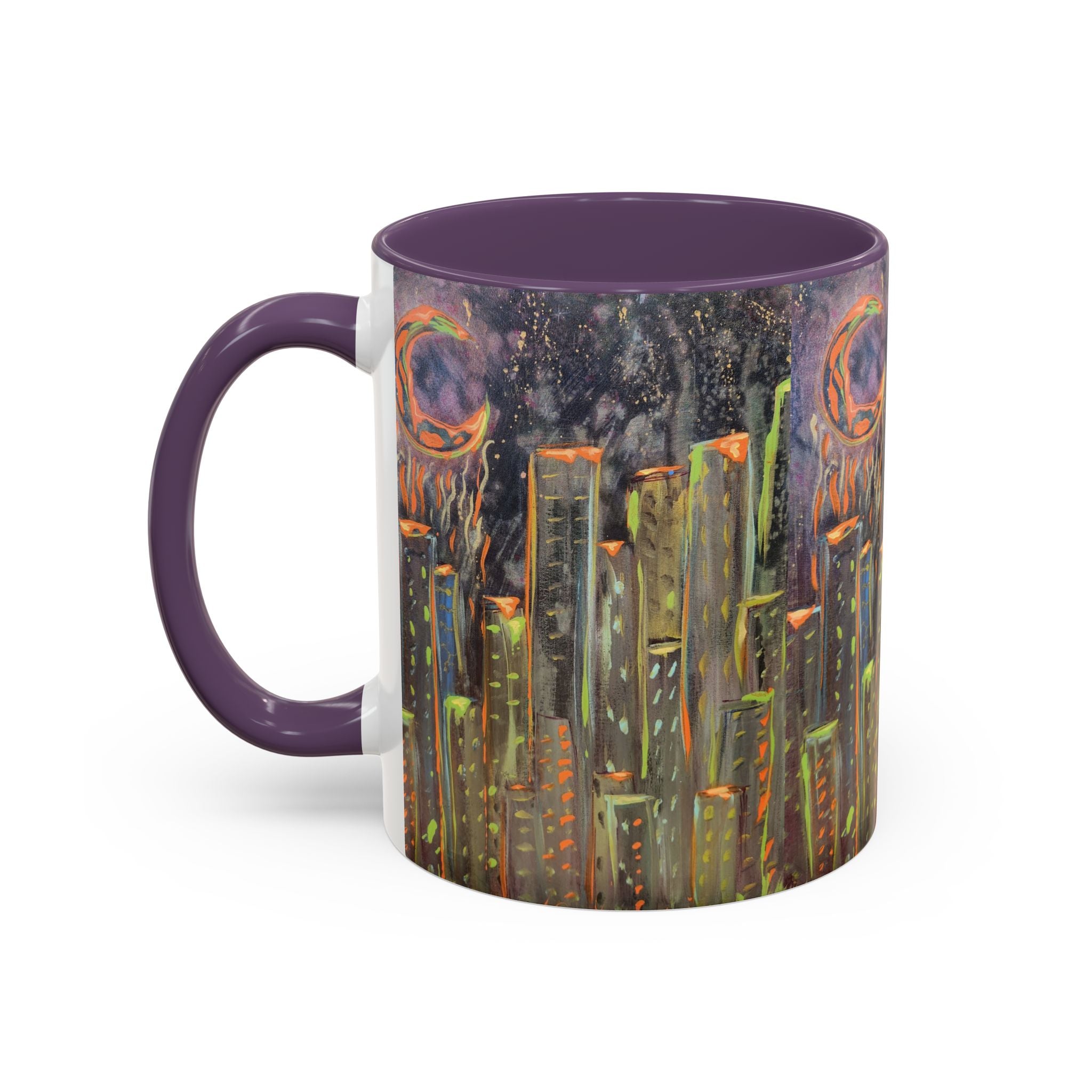 Cityscape Night Coffee Mug — Neon Skyline Art Accent Mug