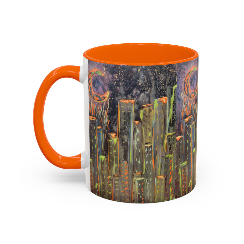 Cityscape Night Coffee Mug — Neon Skyline Art Accent Mug
