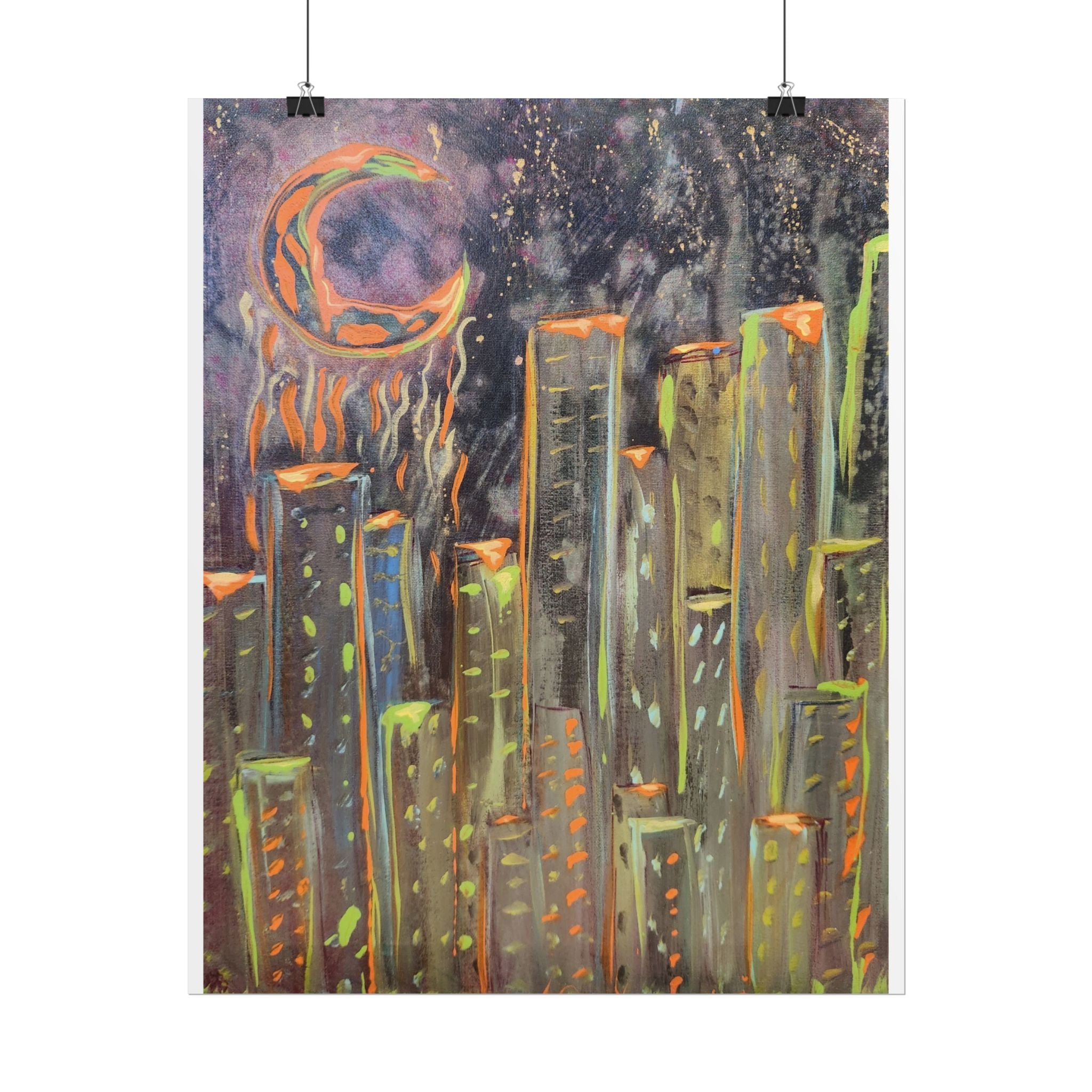 City Skyline Moon Poster — Neon Nightscape Rolled Art Print