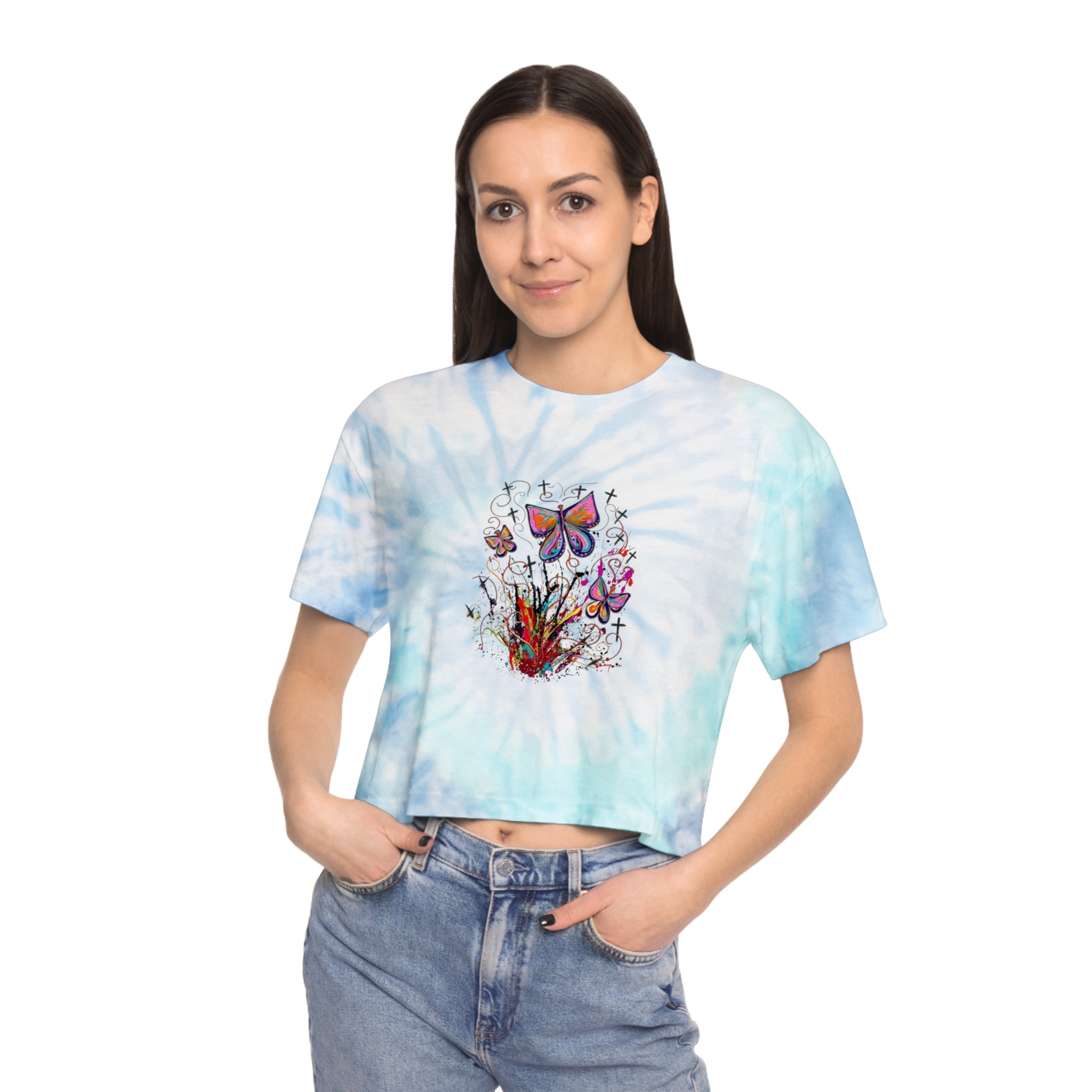 Butterfly Garden Tie-Dye Crop Tee — Pastel Blue Butterfly Graphic Crop Top