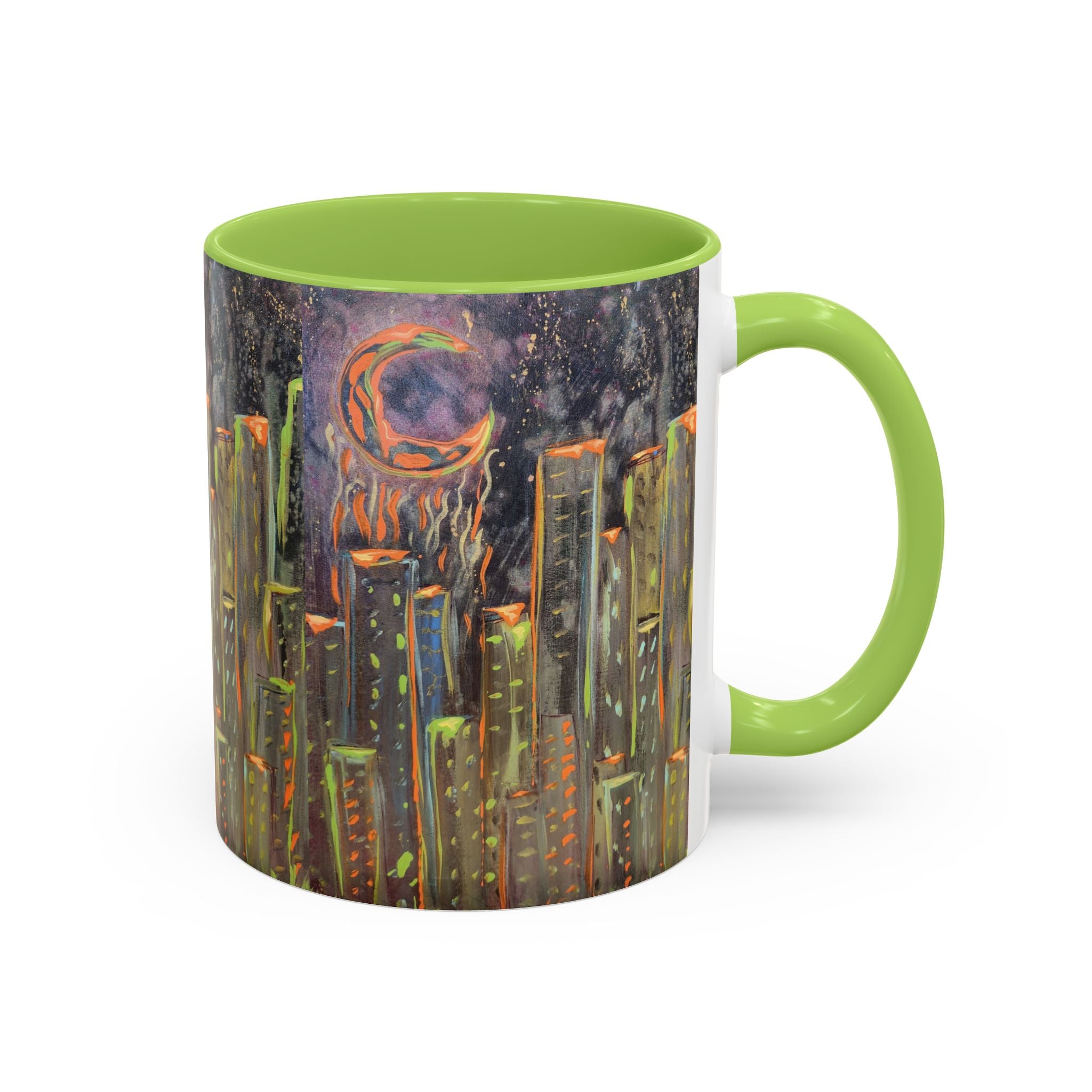 Cityscape Night Coffee Mug — Neon Skyline Art Accent Mug