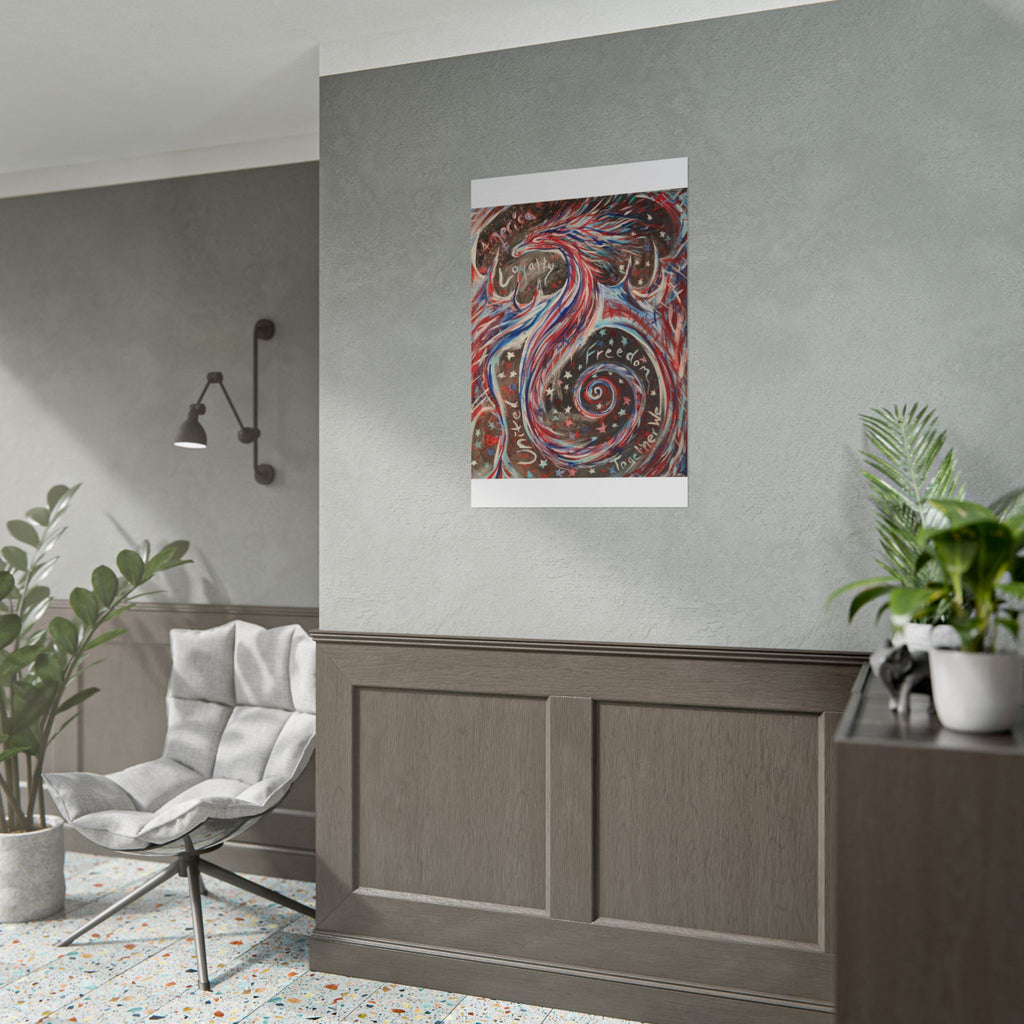 Rolled Poster — Patriotic Swirl Art Print: "Freedom, Unity, Loyalty" Red White Blue Decor