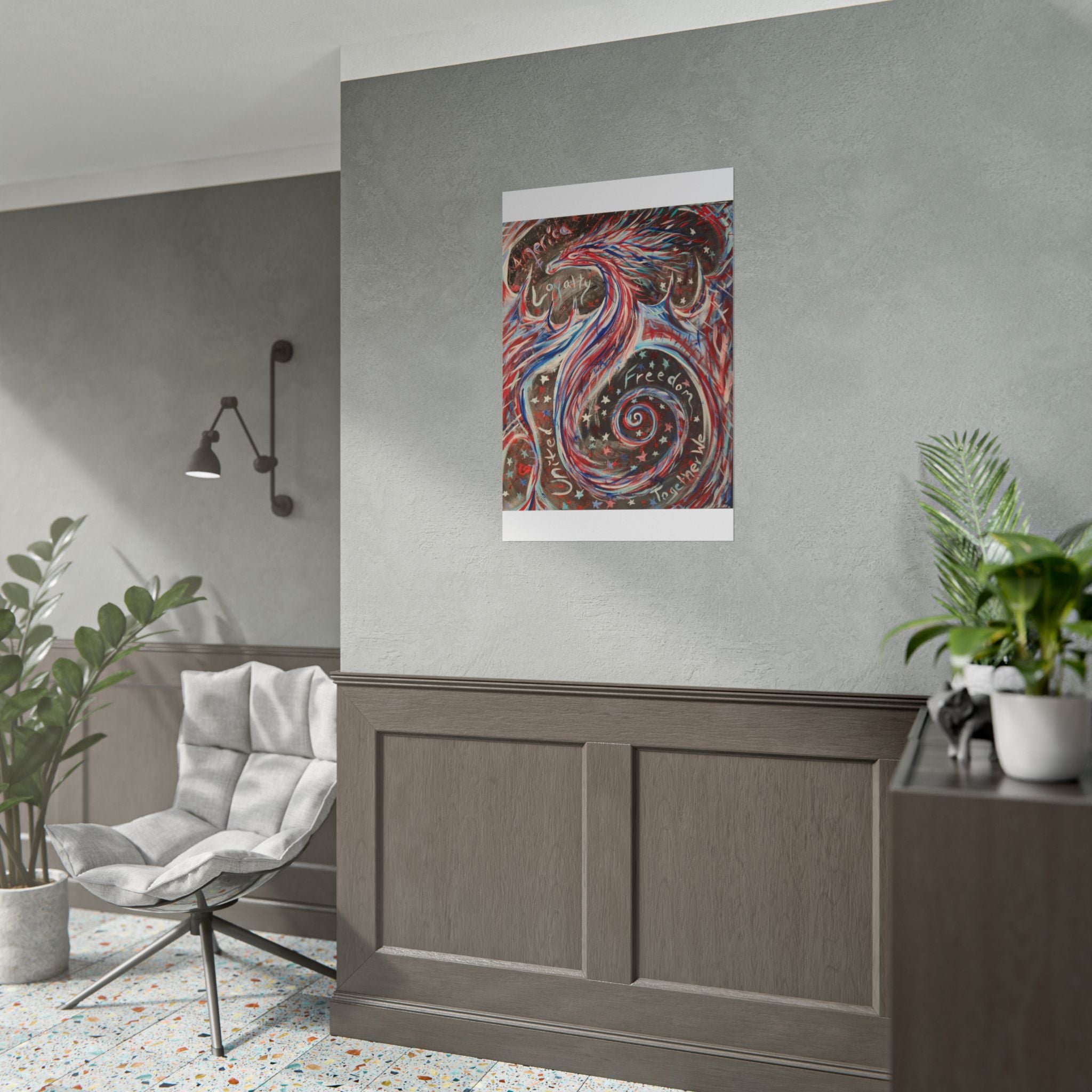 Rolled Poster — Patriotic Swirl Art Print: "Freedom, Unity, Loyalty" Red White Blue Decor