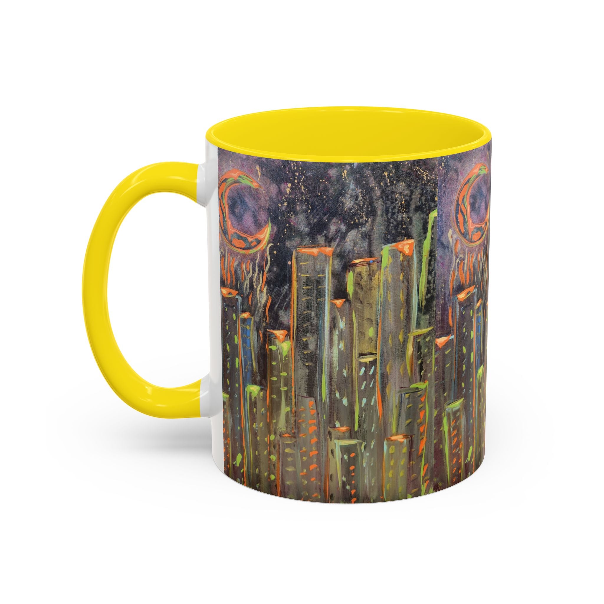 Cityscape Night Coffee Mug — Neon Skyline Art Accent Mug