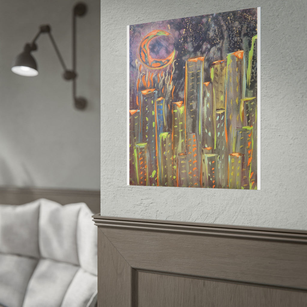 City Skyline Moon Poster — Neon Nightscape Rolled Art Print