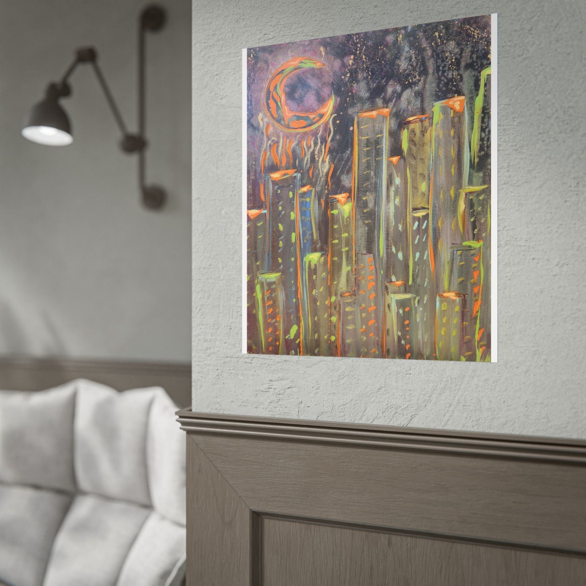 City Skyline Moon Poster — Neon Nightscape Rolled Art Print