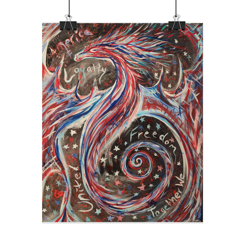 Rolled Poster — Patriotic Swirl Art Print: "Freedom, Unity, Loyalty" Red White Blue Decor