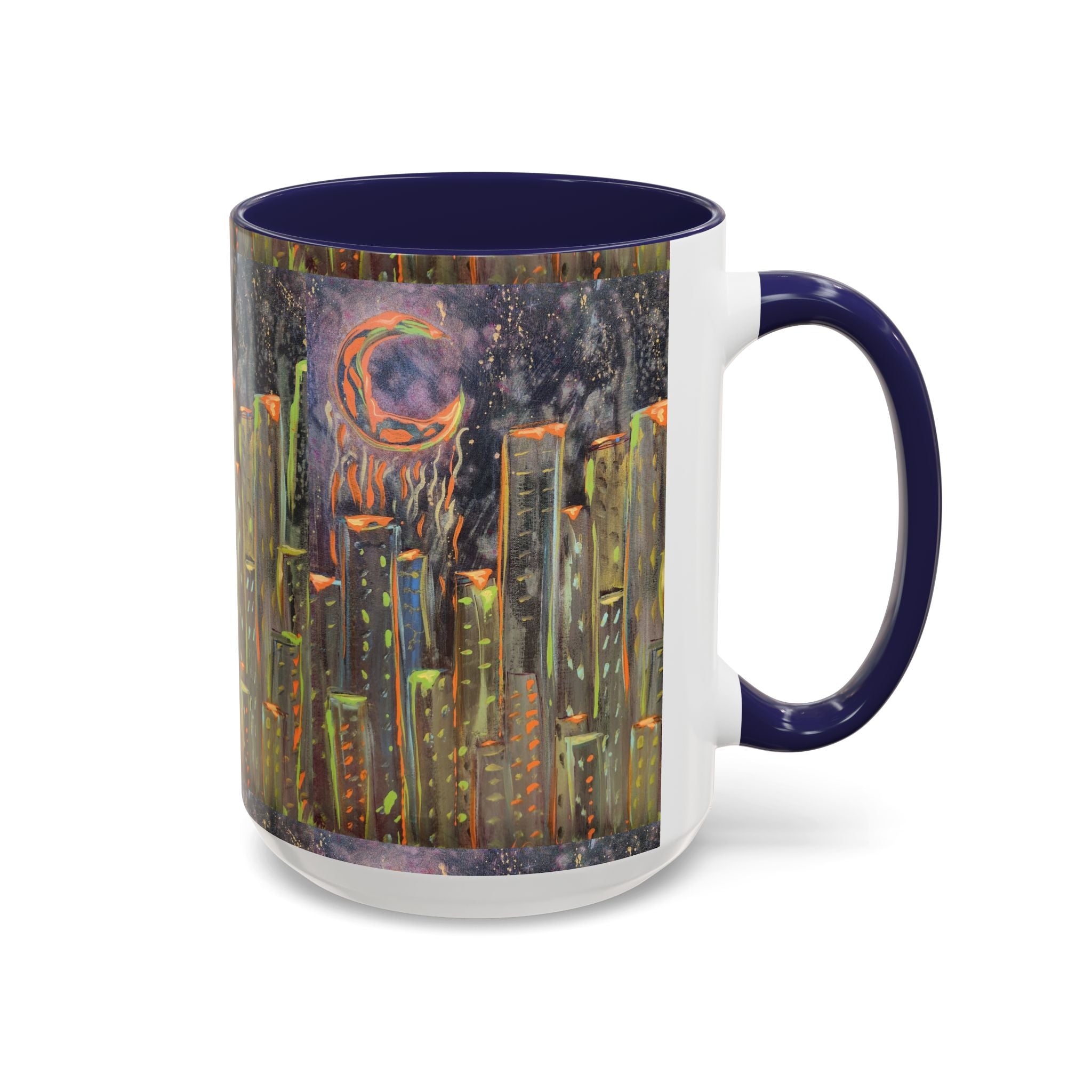 Cityscape Night Coffee Mug — Neon Skyline Art Accent Mug