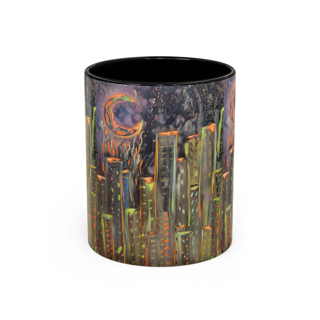 Cityscape Night Coffee Mug — Neon Skyline Art Accent Mug