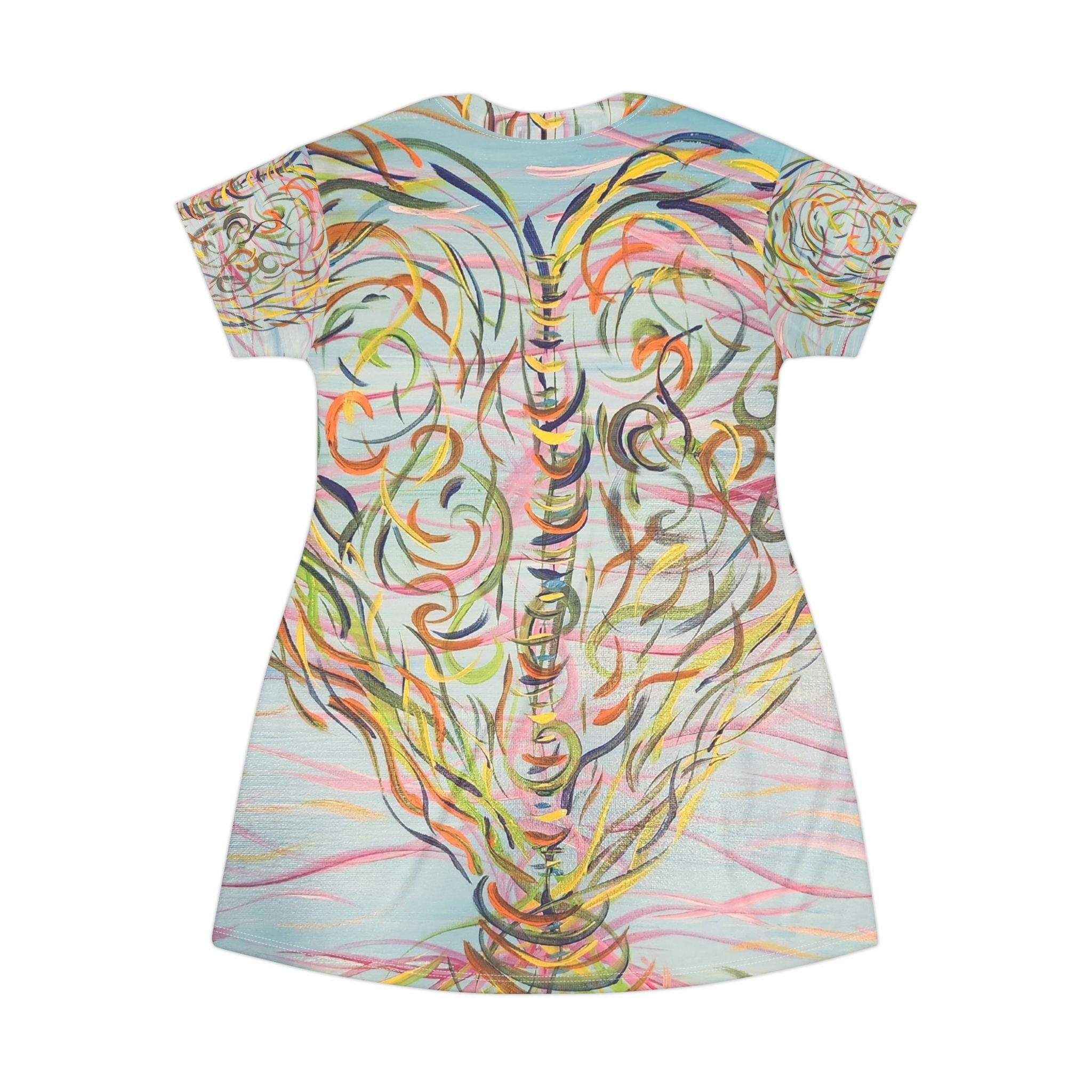 Knotted Boho Floral Swirl T-Shirt Dress — Pastel Abstract All-Over Print