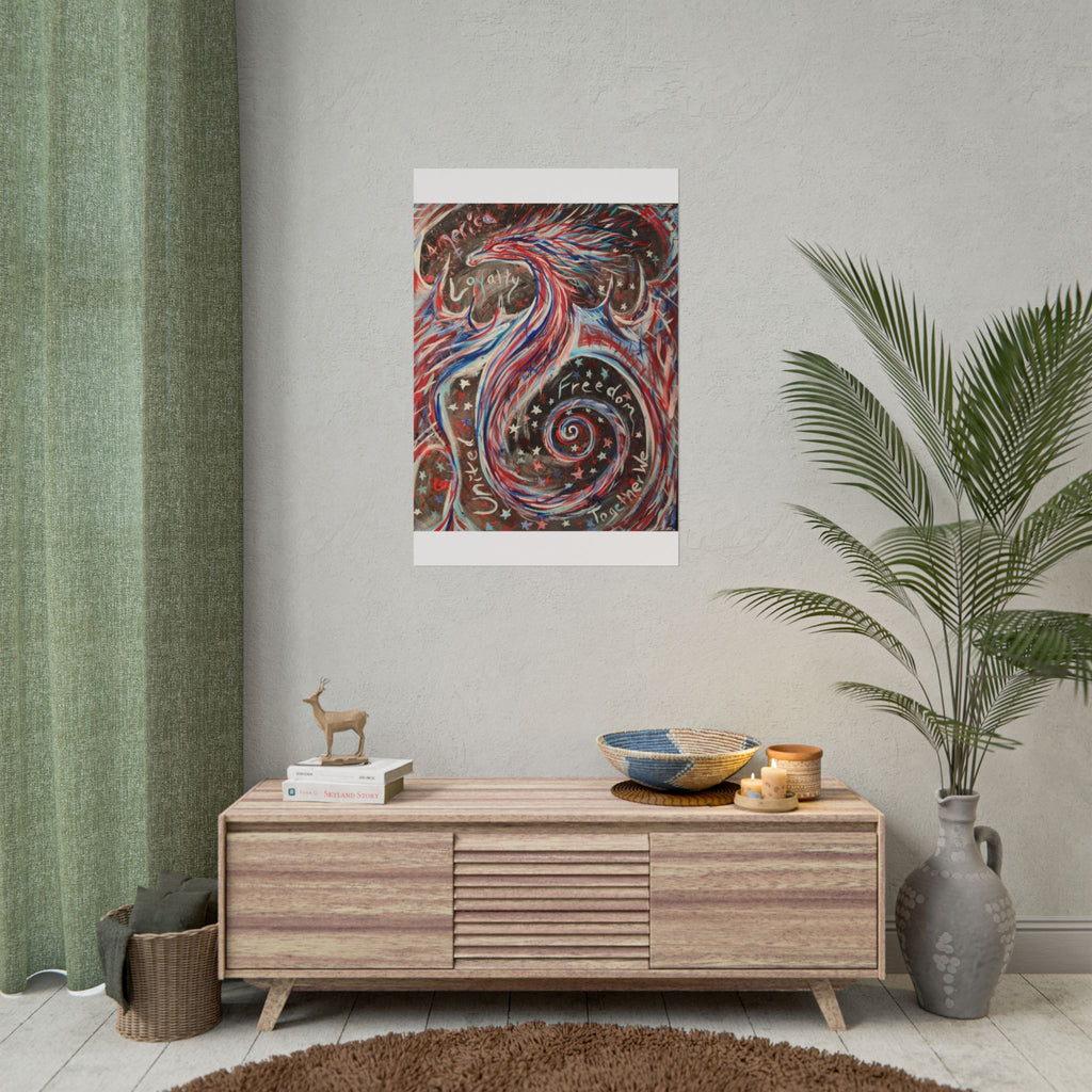 Rolled Poster — Patriotic Swirl Art Print: "Freedom, Unity, Loyalty" Red White Blue Decor