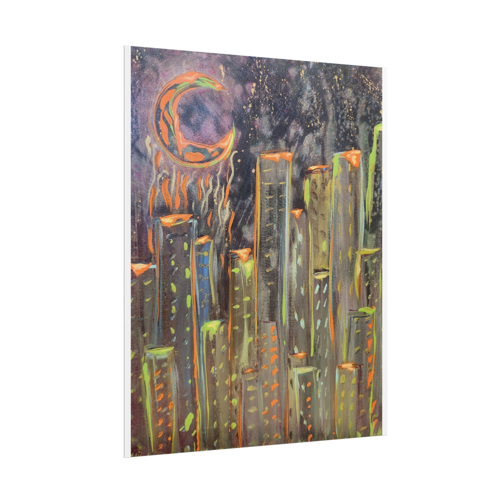 City Skyline Moon Poster — Neon Nightscape Rolled Art Print
