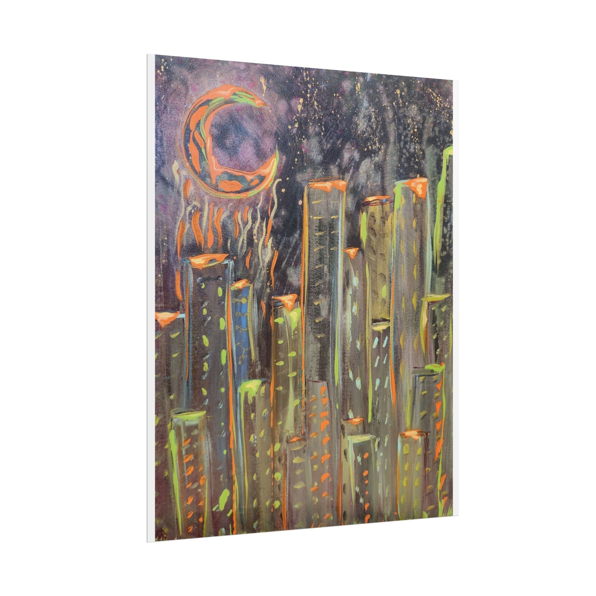 City Skyline Moon Poster — Neon Nightscape Rolled Art Print