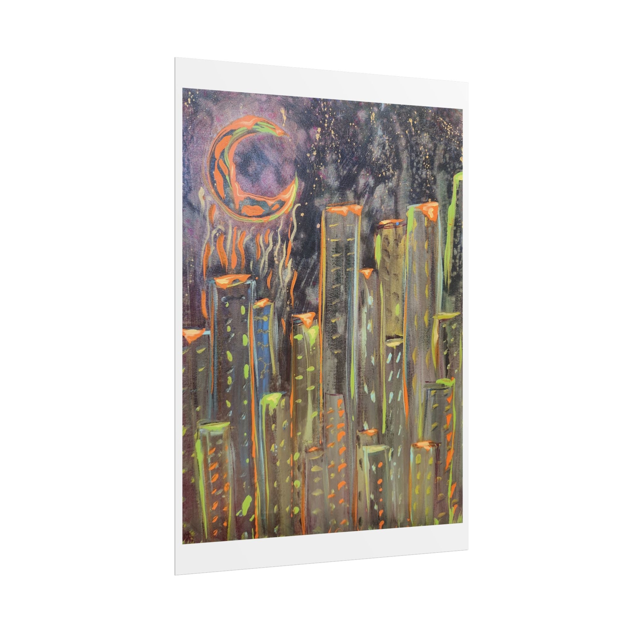 City Skyline Moon Poster — Neon Nightscape Rolled Art Print