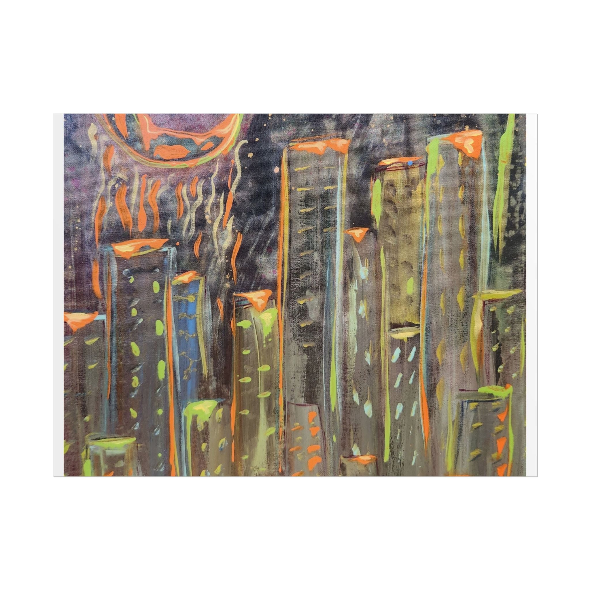 City Skyline Moon Poster — Neon Nightscape Rolled Art Print
