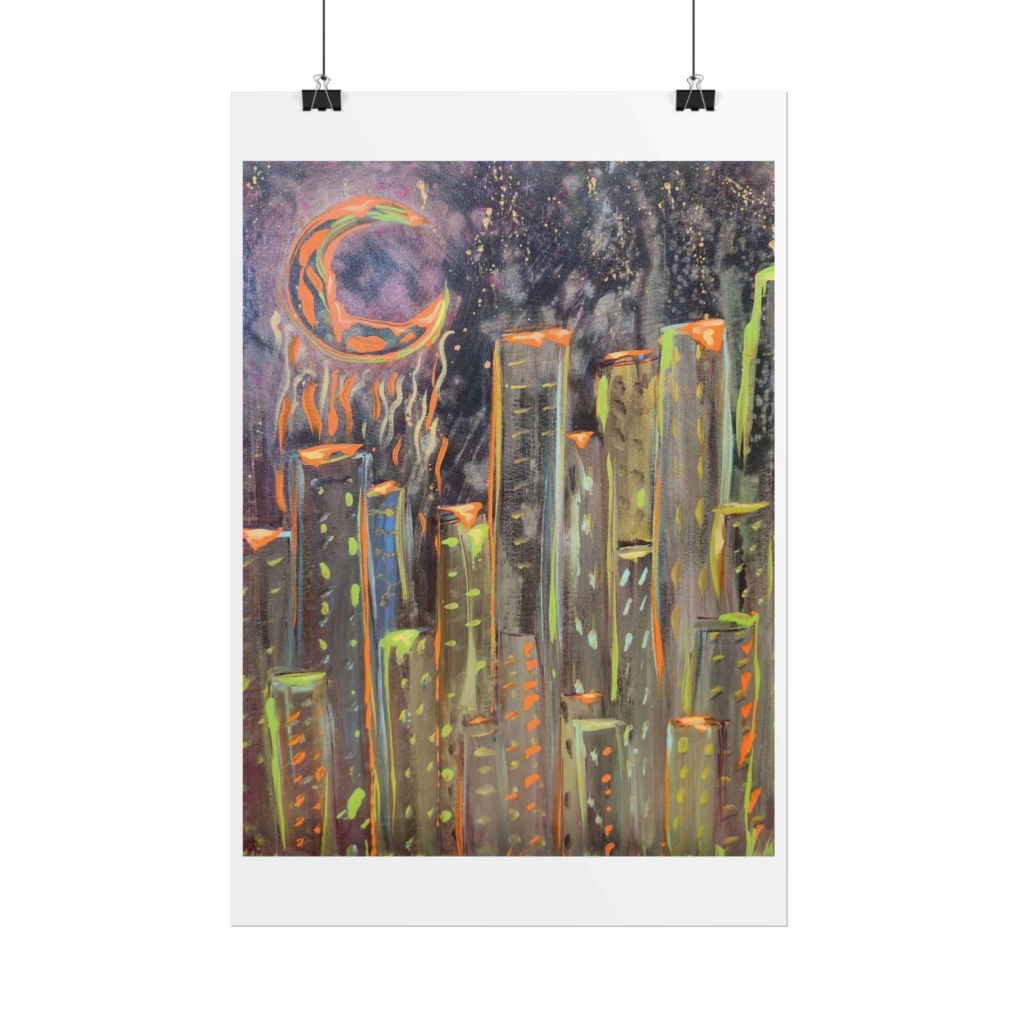 City Skyline Moon Poster — Neon Nightscape Rolled Art Print