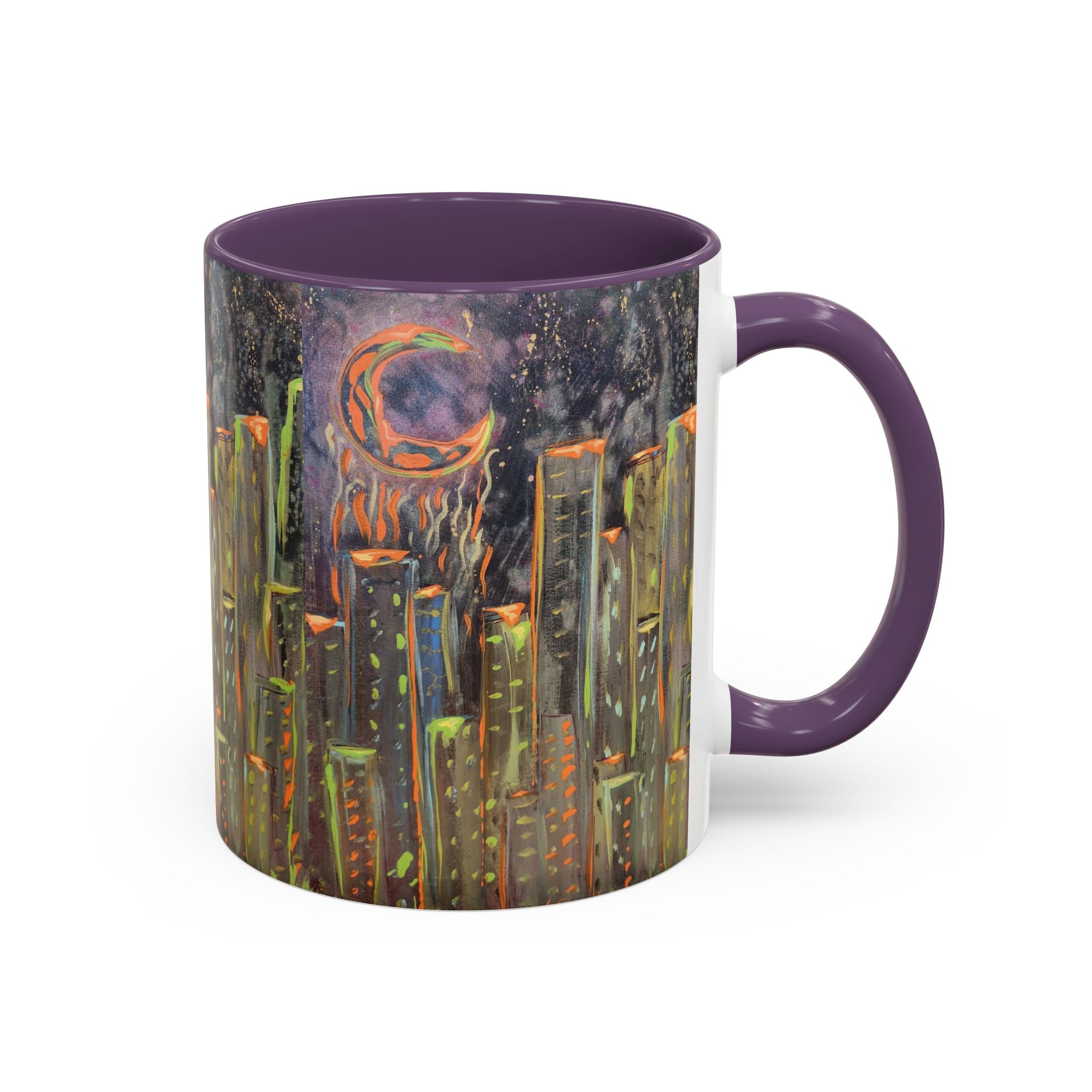 Cityscape Night Coffee Mug — Neon Skyline Art Accent Mug