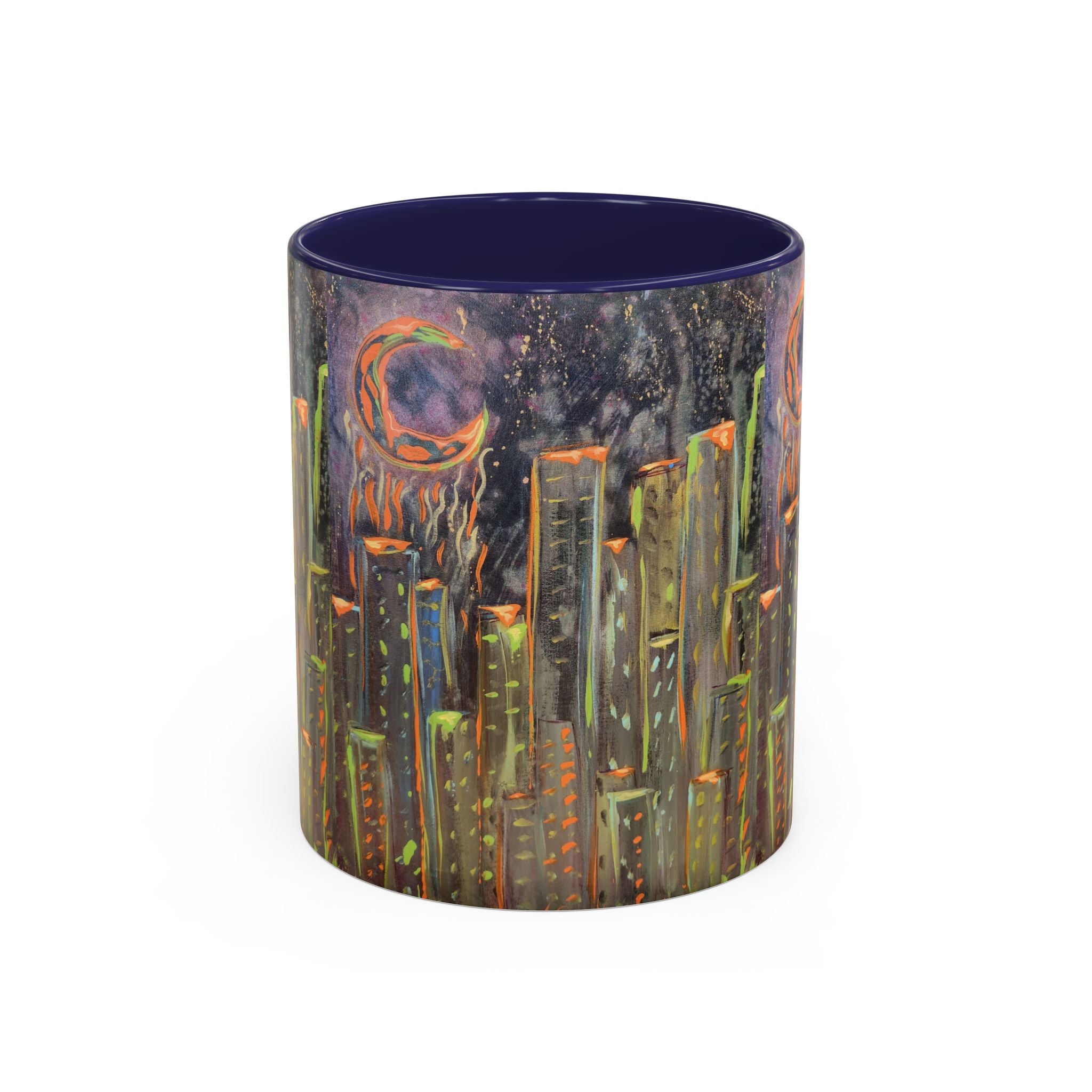 Cityscape Night Coffee Mug — Neon Skyline Art Accent Mug