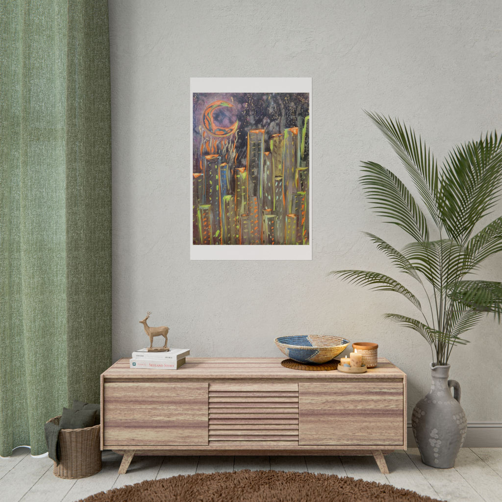City Skyline Moon Poster — Neon Nightscape Rolled Art Print