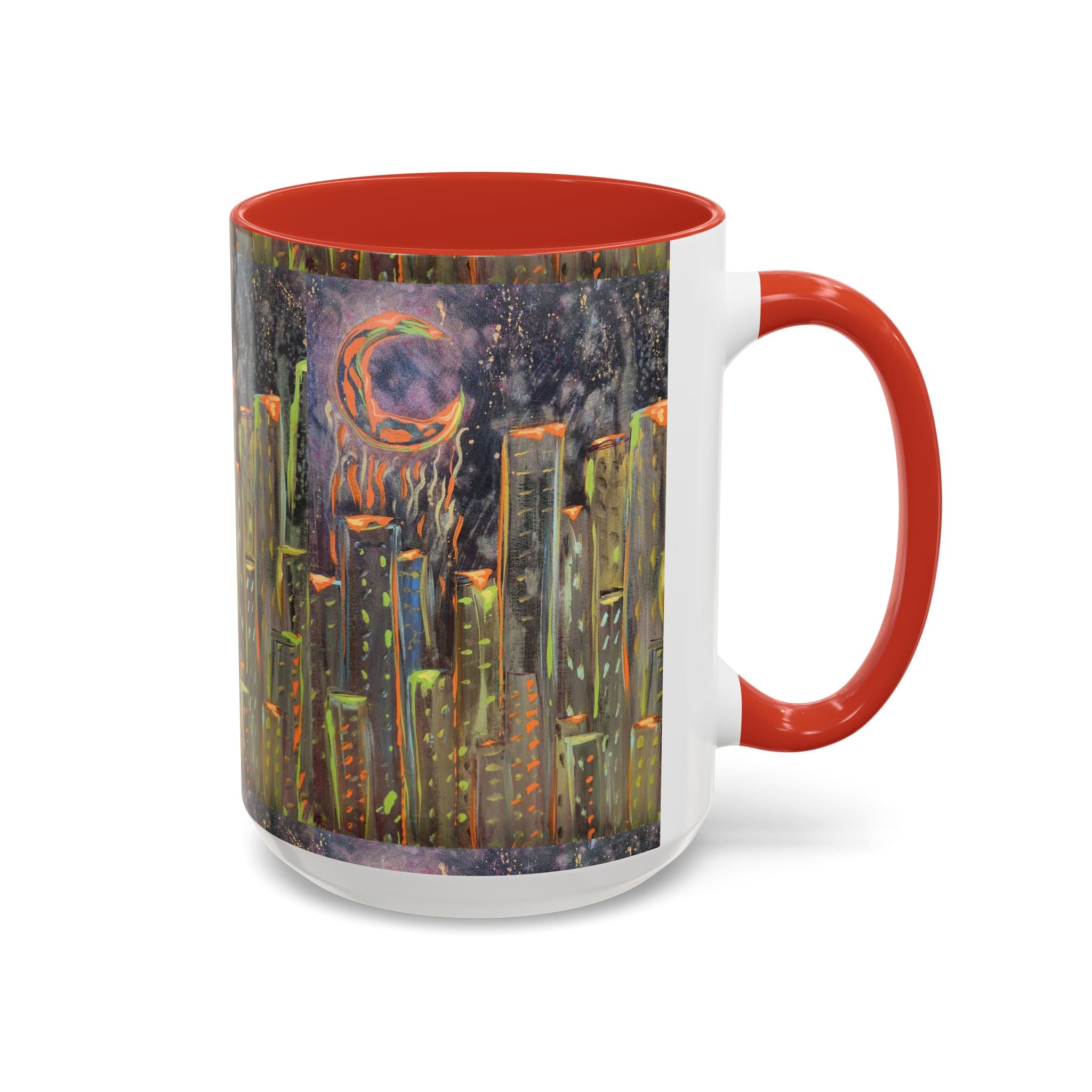 Cityscape Night Coffee Mug — Neon Skyline Art Accent Mug
