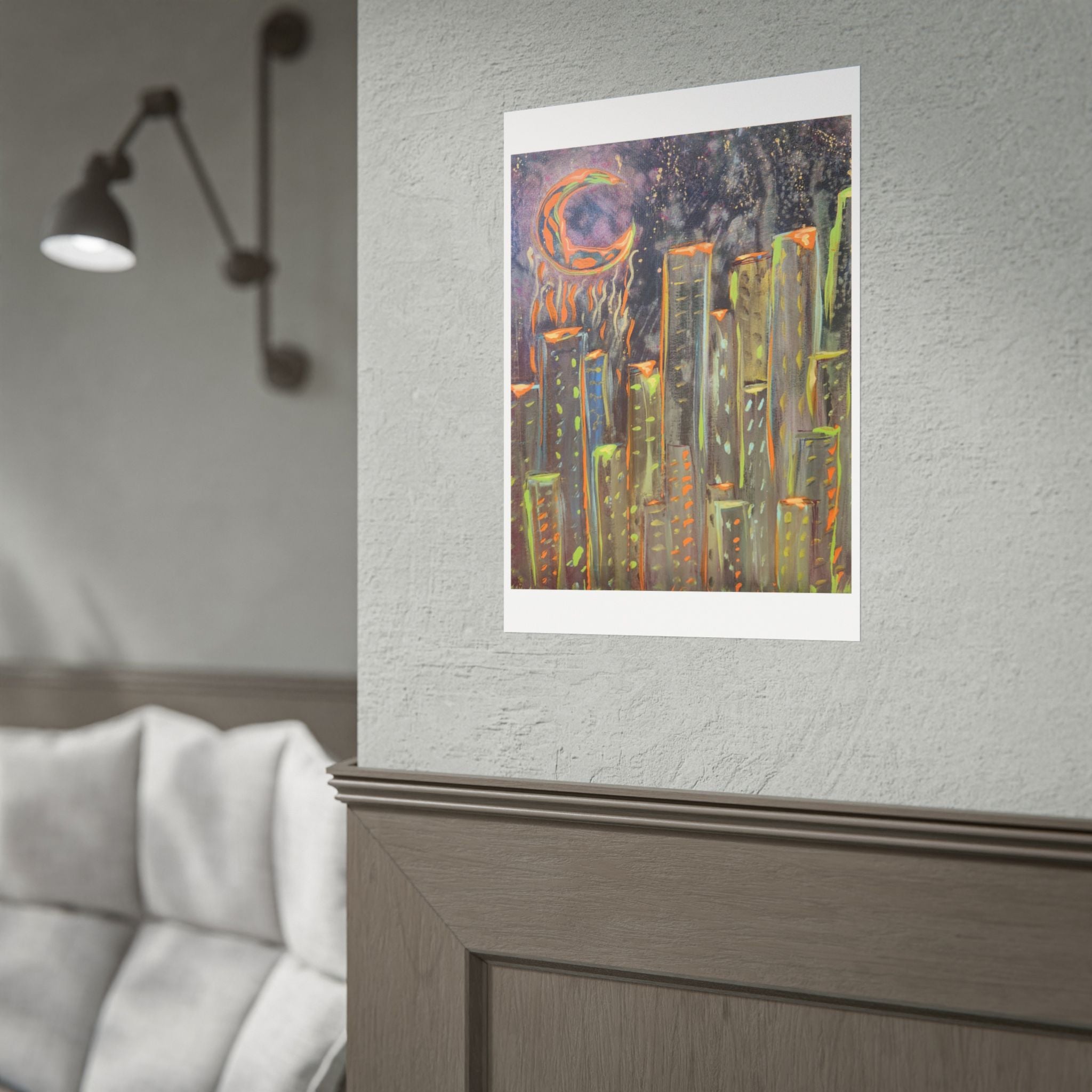 City Skyline Moon Poster — Neon Nightscape Rolled Art Print