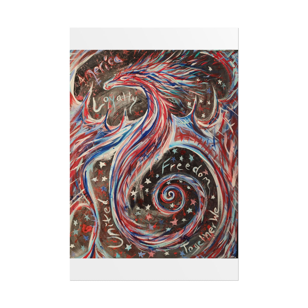Rolled Poster — Patriotic Swirl Art Print: "Freedom, Unity, Loyalty" Red White Blue Decor