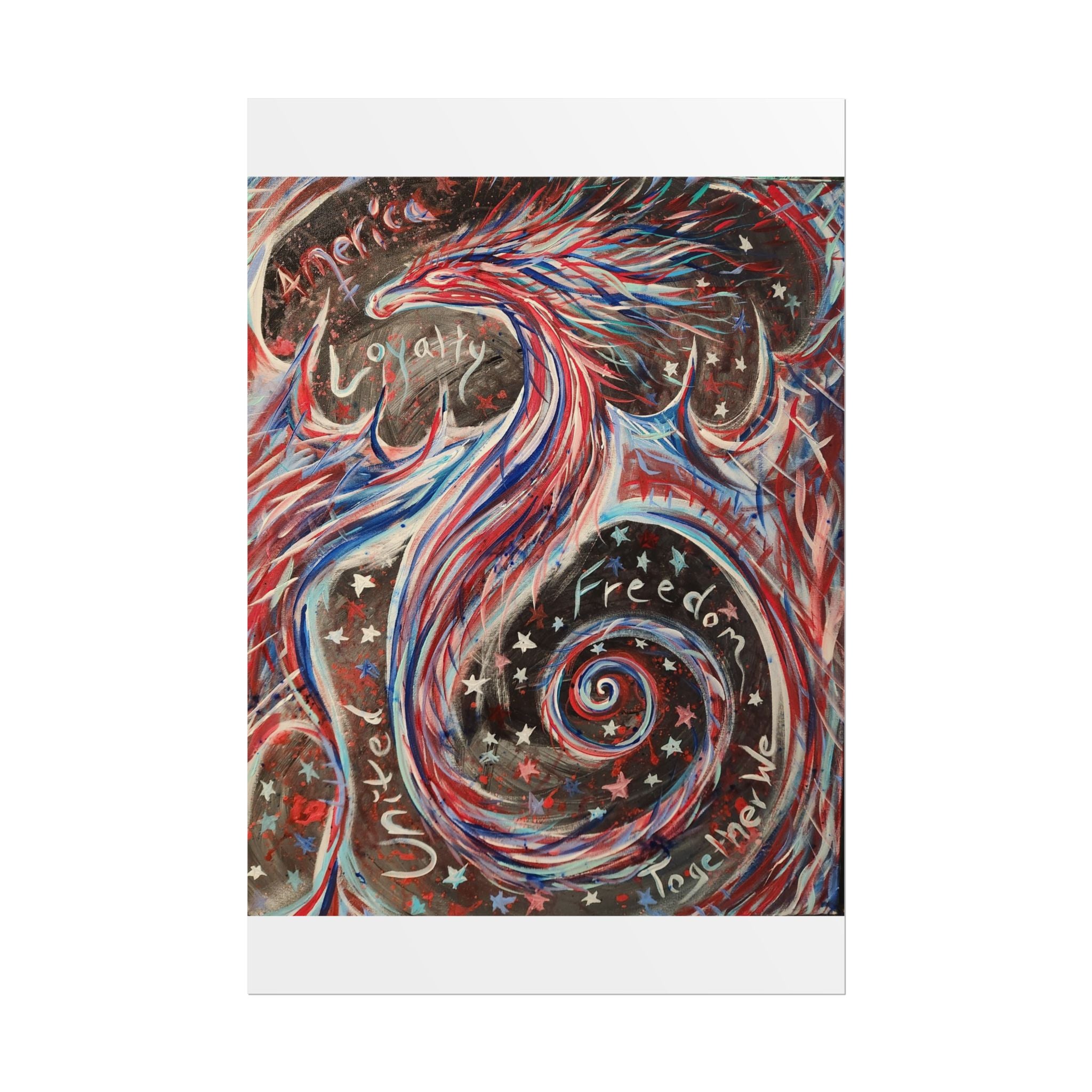 Rolled Poster — Patriotic Swirl Art Print: "Freedom, Unity, Loyalty" Red White Blue Decor