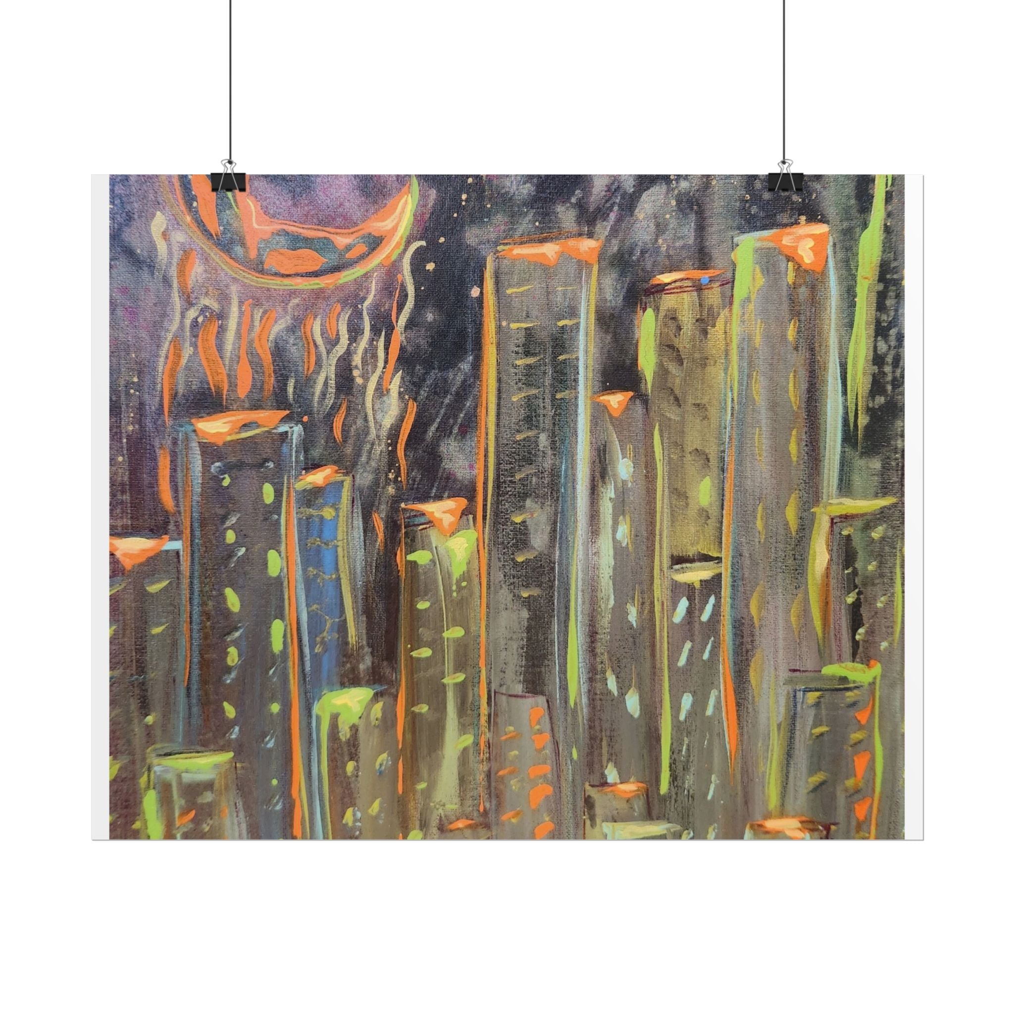 City Skyline Moon Poster — Neon Nightscape Rolled Art Print