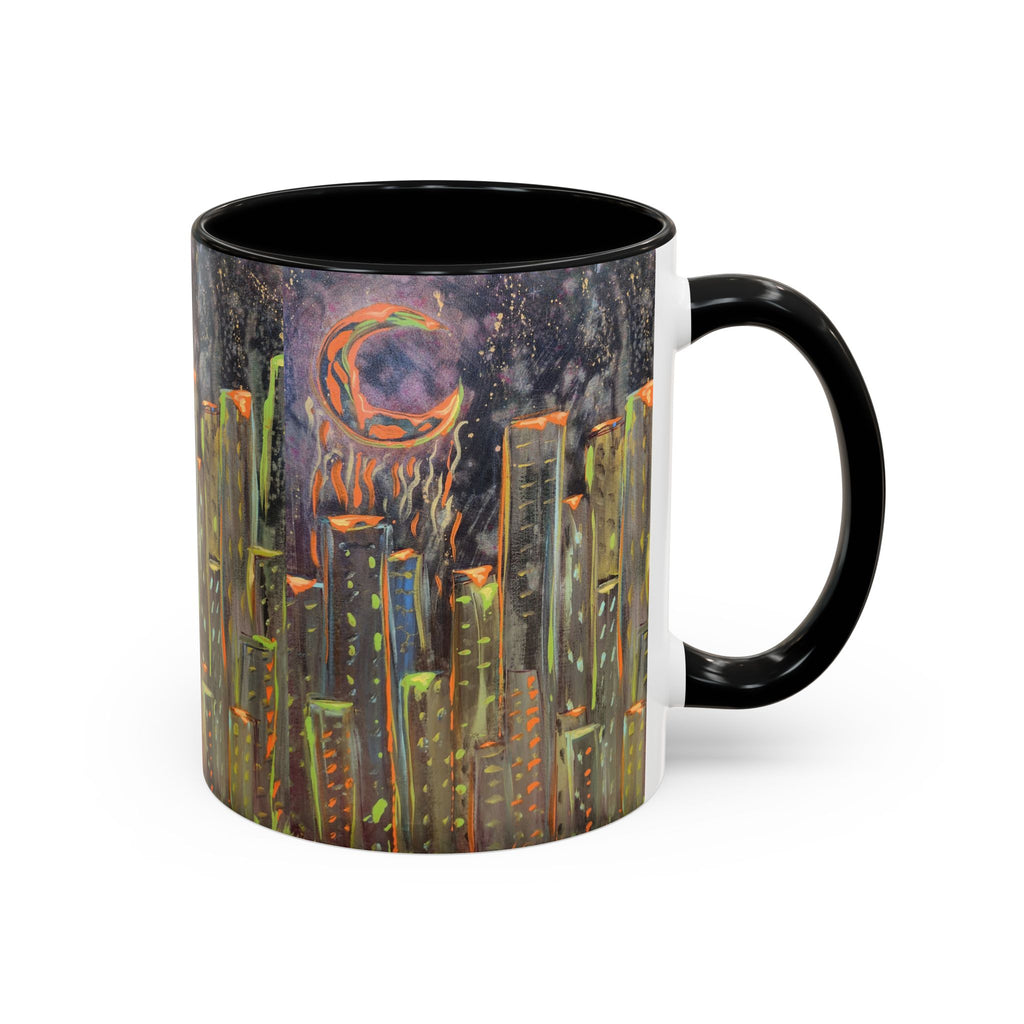 Cityscape Night Coffee Mug — Neon Skyline Art Accent Mug
