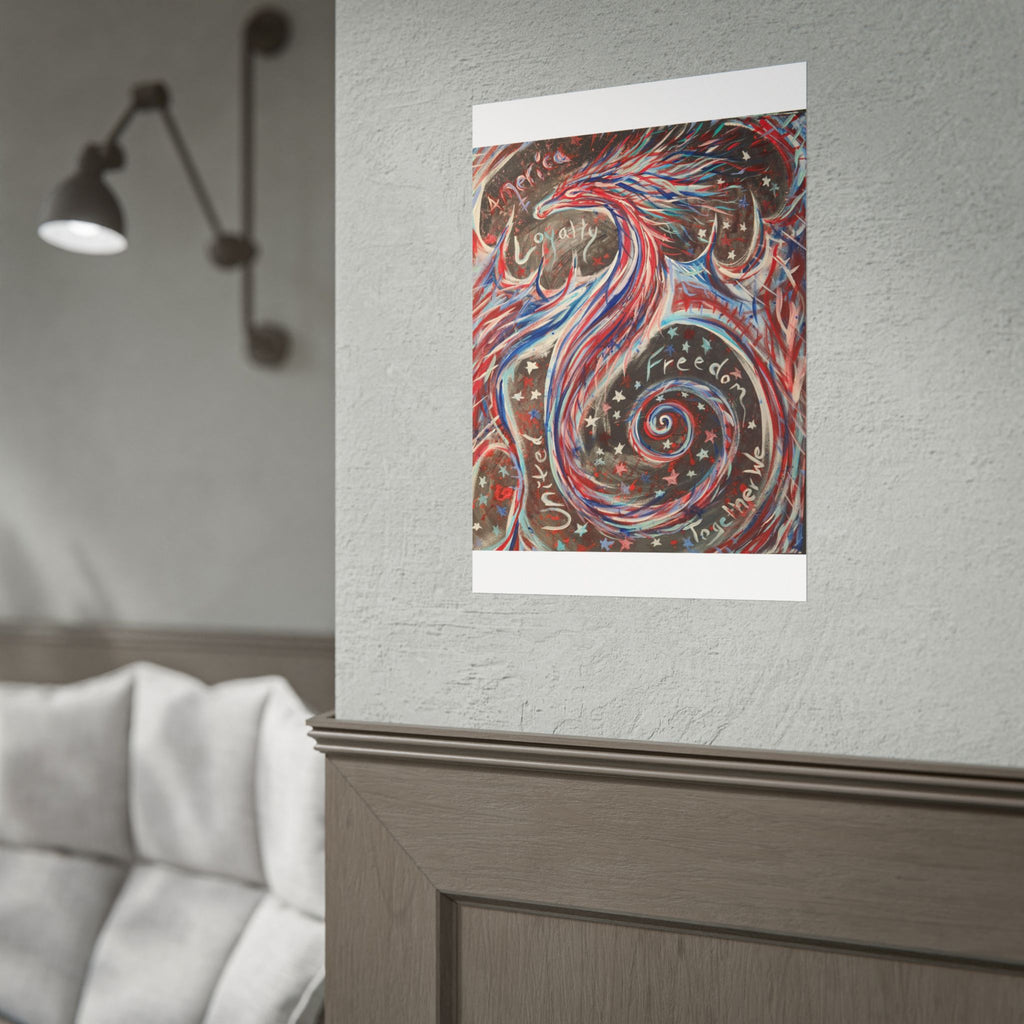 Rolled Poster — Patriotic Swirl Art Print: "Freedom, Unity, Loyalty" Red White Blue Decor