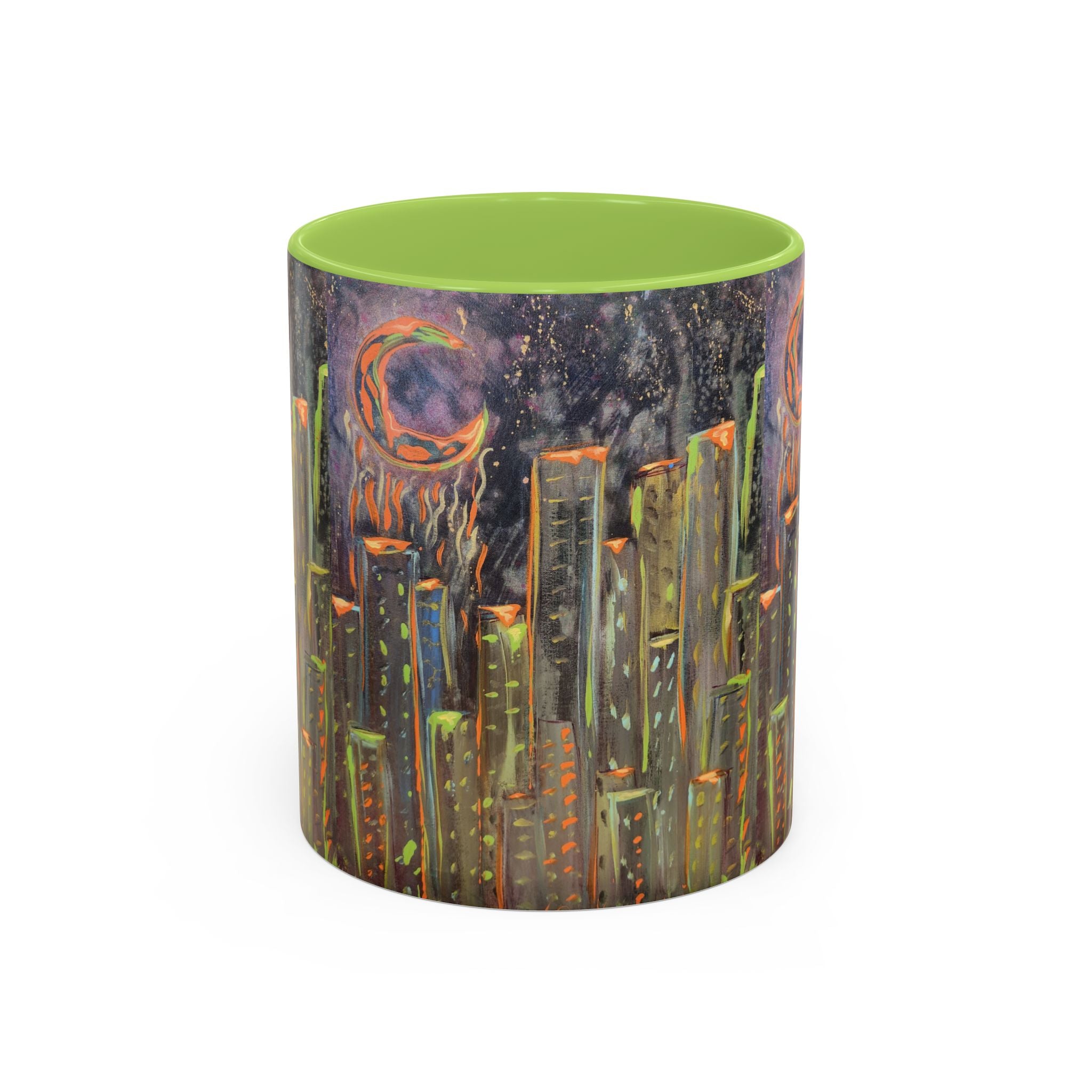 Cityscape Night Coffee Mug — Neon Skyline Art Accent Mug