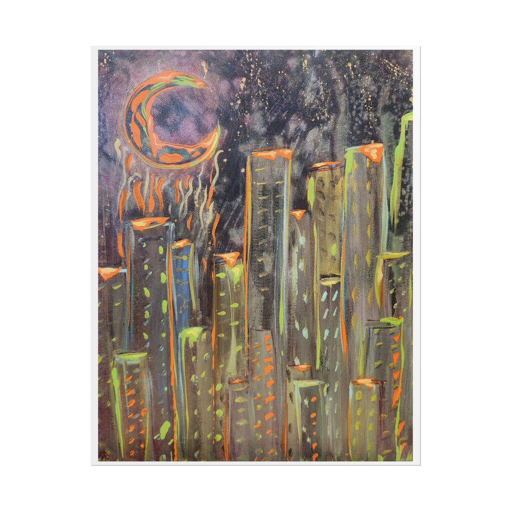 City Skyline Moon Poster — Neon Nightscape Rolled Art Print