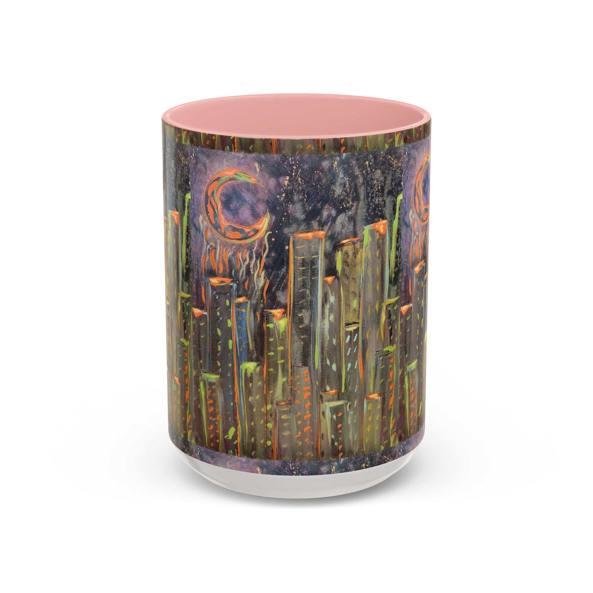 Cityscape Night Coffee Mug — Neon Skyline Art Accent Mug