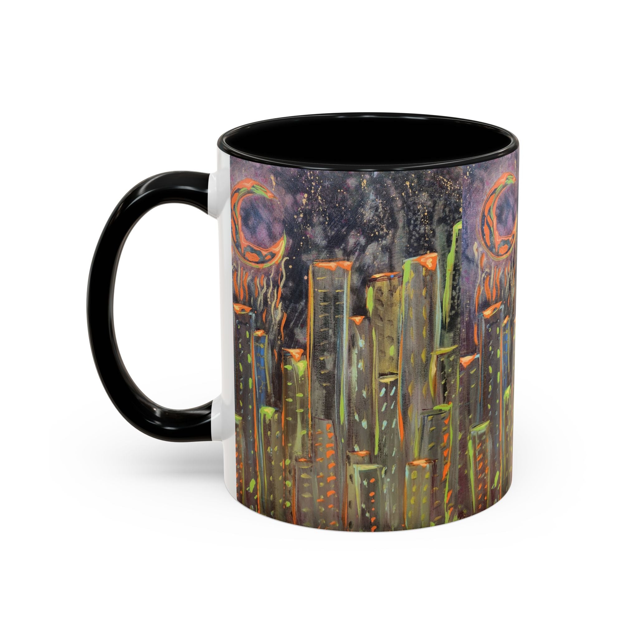 Cityscape Night Coffee Mug — Neon Skyline Art Accent Mug