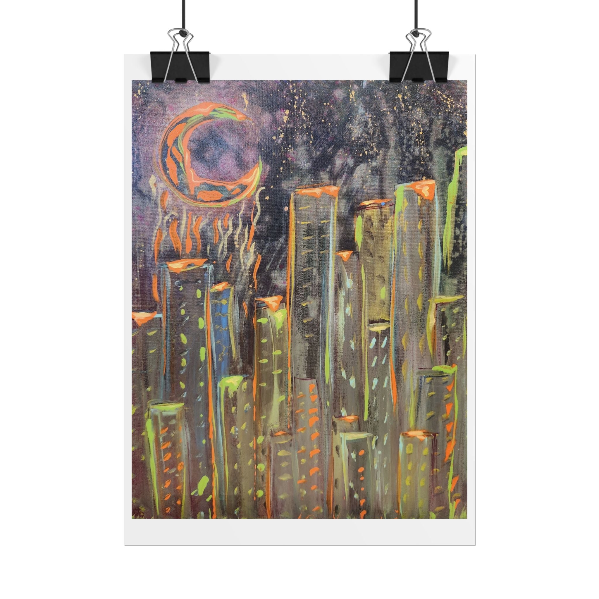 City Skyline Moon Poster — Neon Nightscape Rolled Art Print