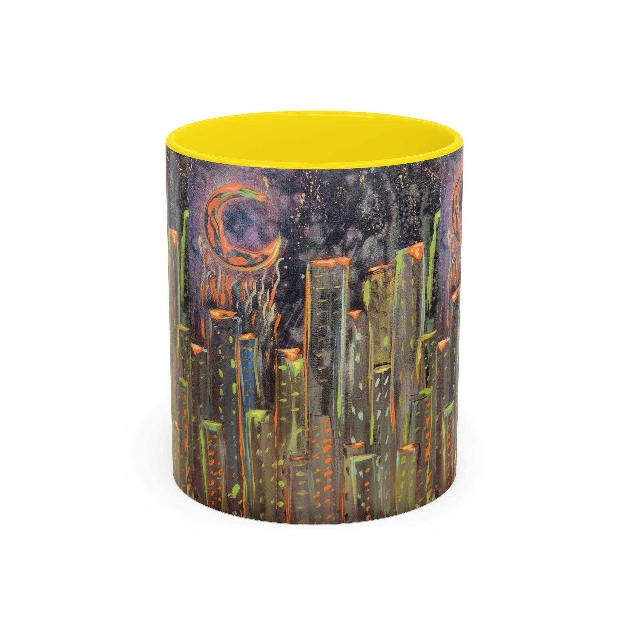 Cityscape Night Coffee Mug — Neon Skyline Art Accent Mug