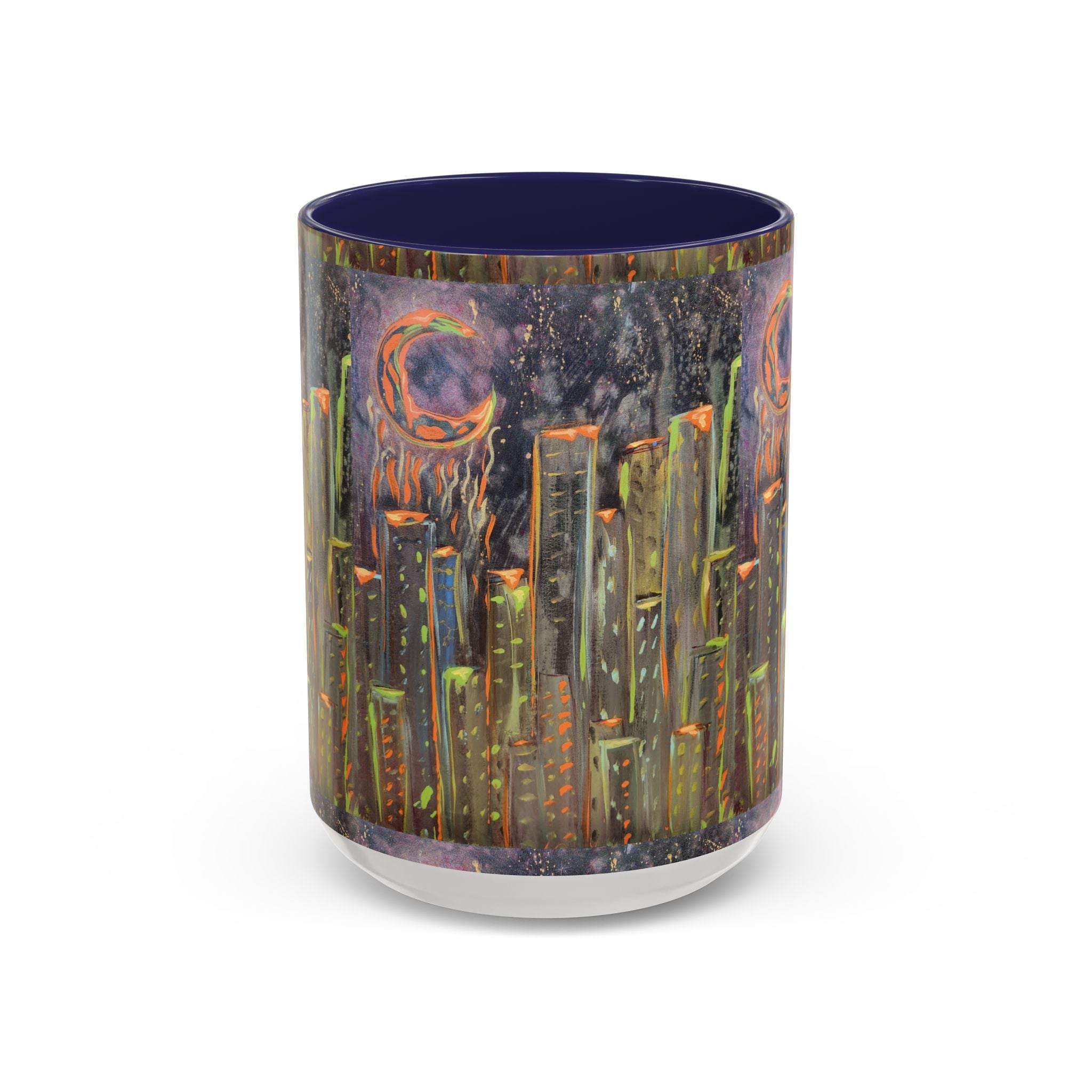 Cityscape Night Coffee Mug — Neon Skyline Art Accent Mug
