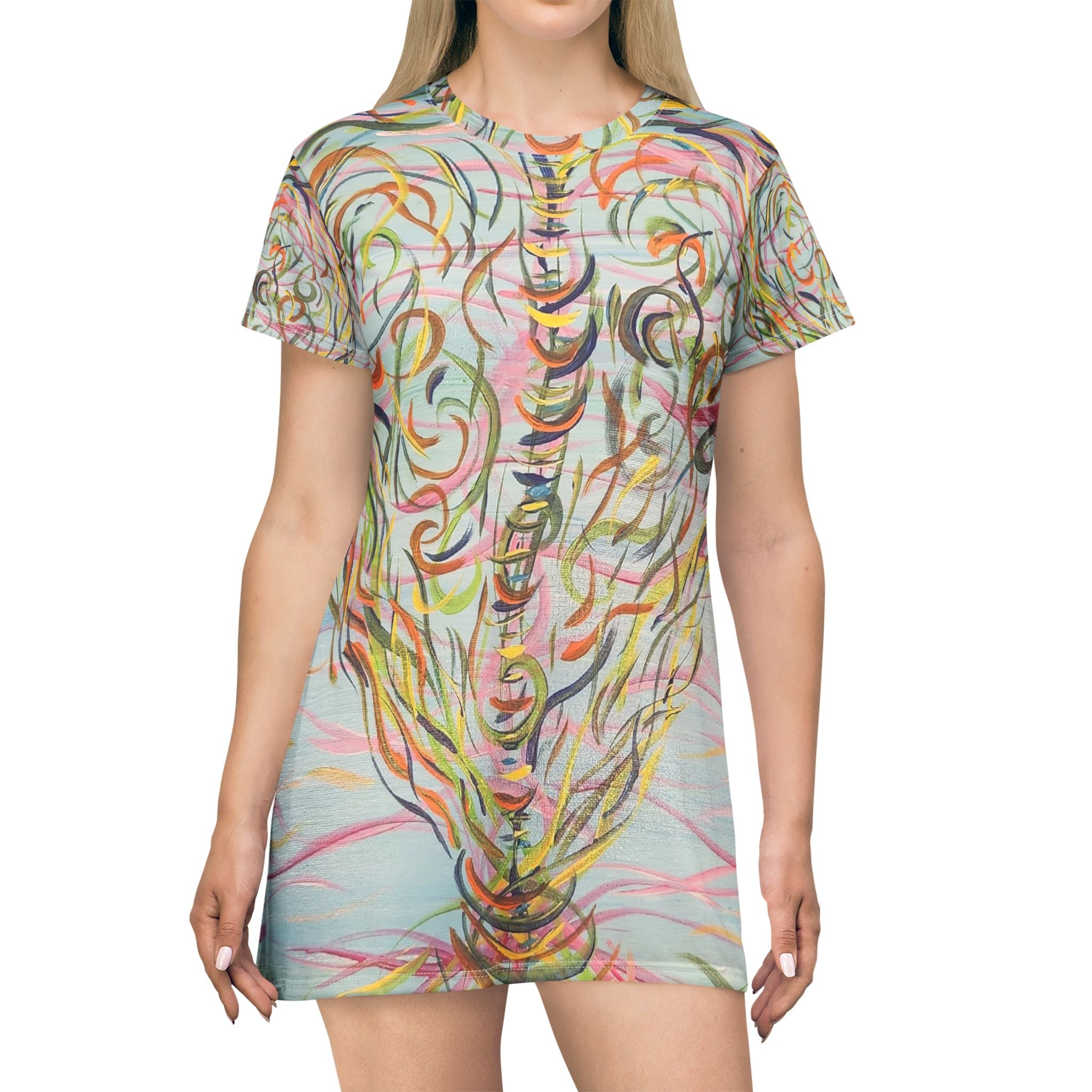 Knotted Boho Floral Swirl T-Shirt Dress — Pastel Abstract All-Over Print