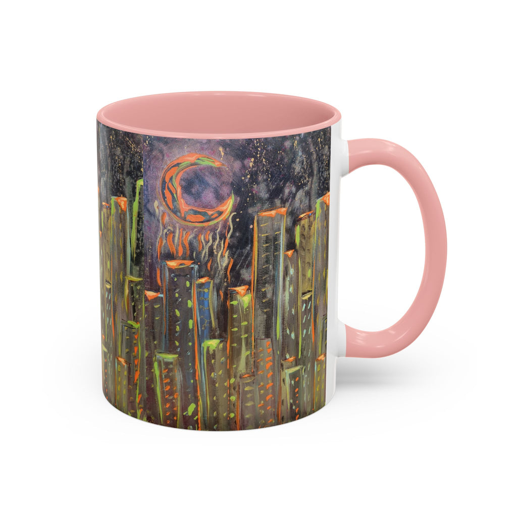 Cityscape Night Coffee Mug — Neon Skyline Art Accent Mug