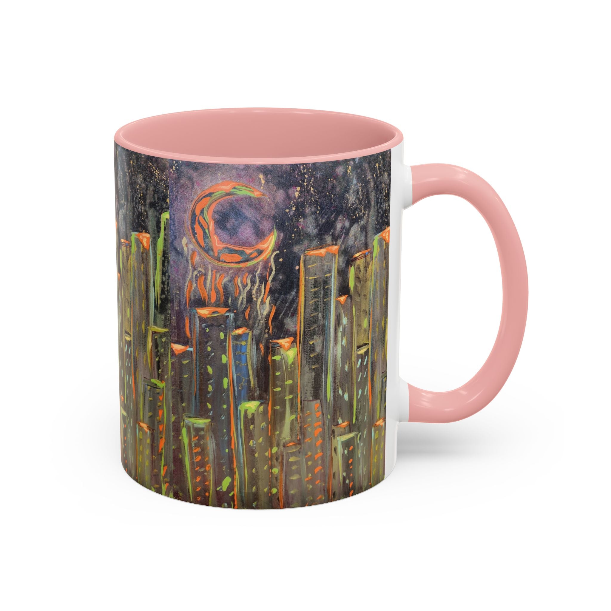 Cityscape Night Coffee Mug — Neon Skyline Art Accent Mug
