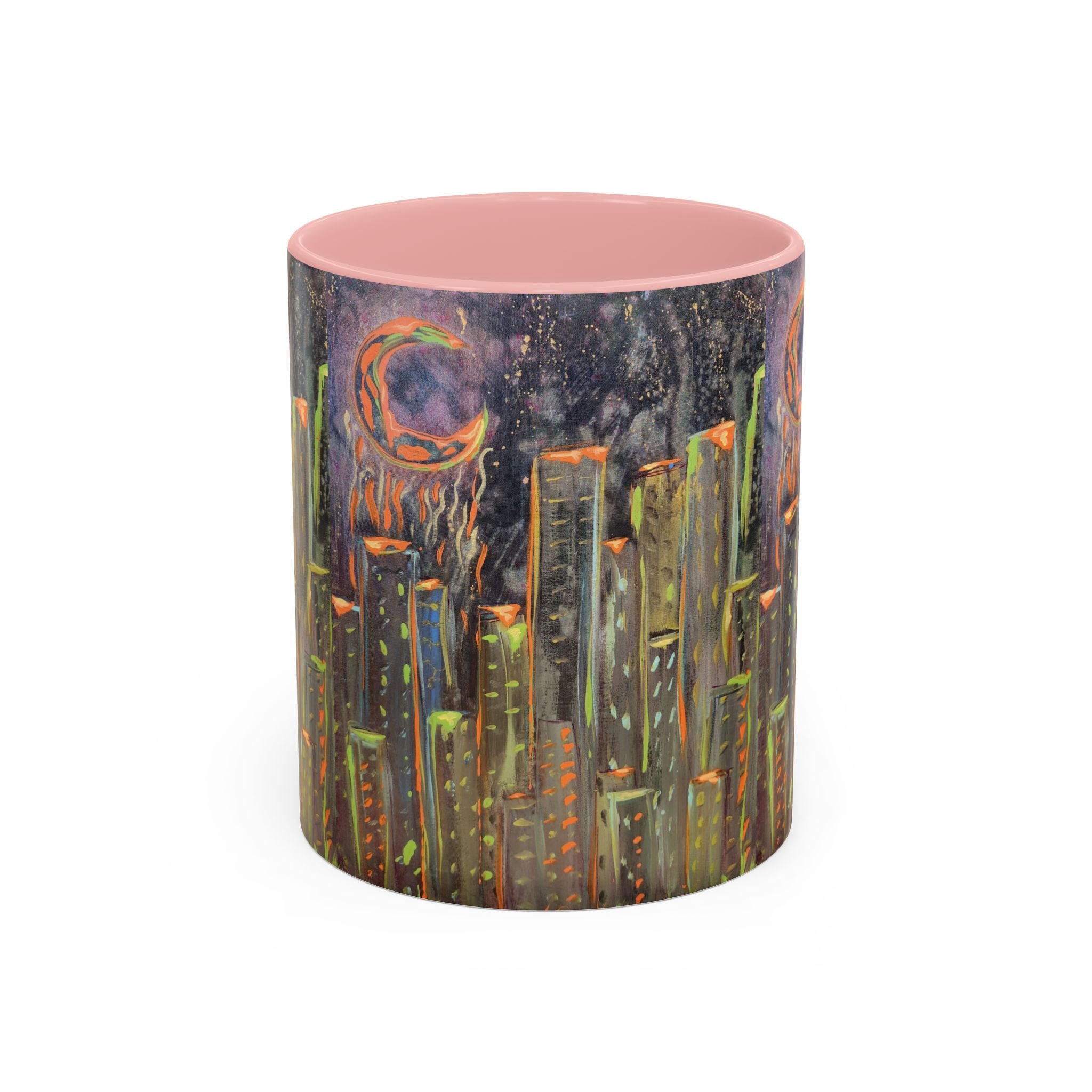 Cityscape Night Coffee Mug — Neon Skyline Art Accent Mug