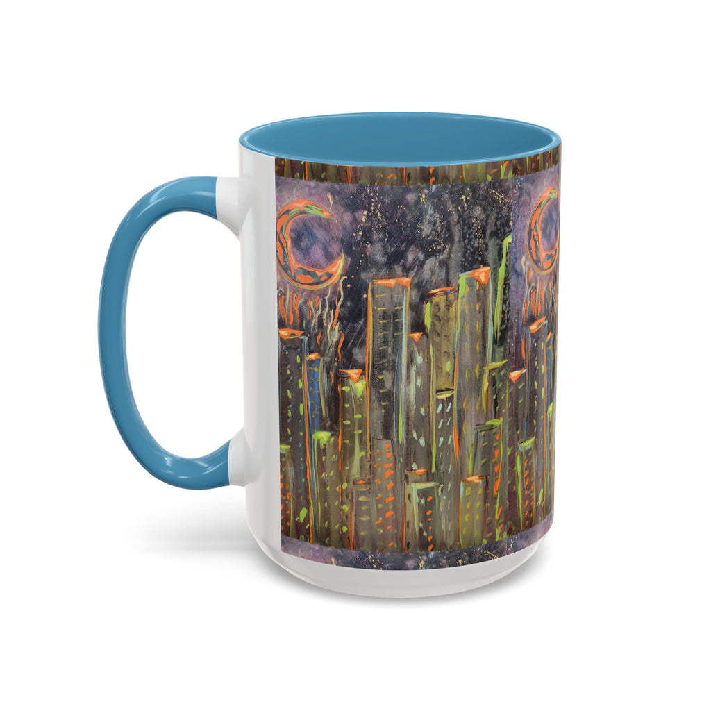 Cityscape Night Coffee Mug — Neon Skyline Art Accent Mug